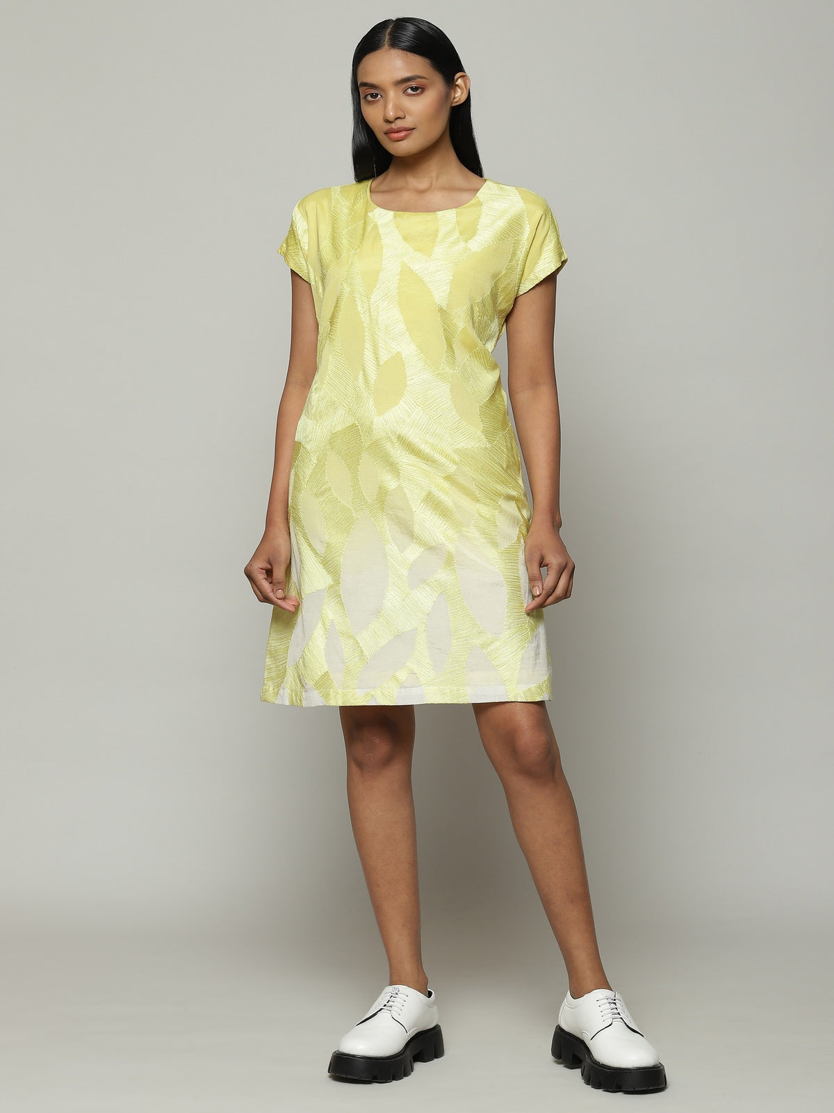 Fern Crewel Embroidered Silk X Cotton Dress Lime