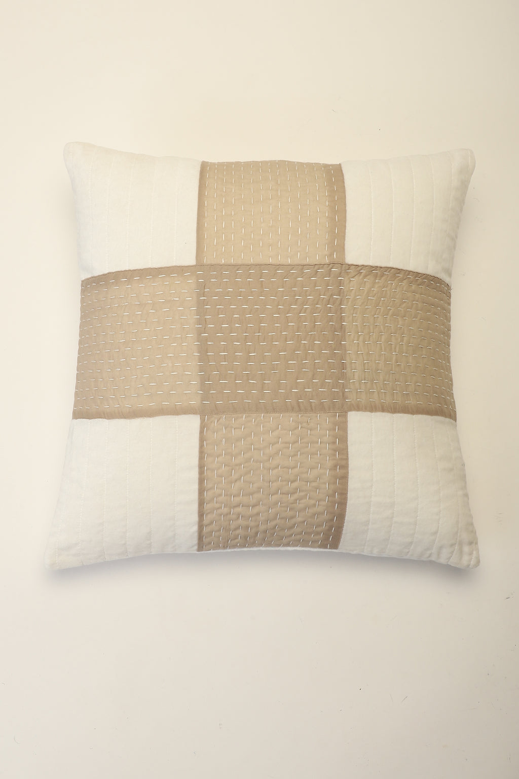 Quilted Cushion Cover With Kantha Stitch Patchwork
