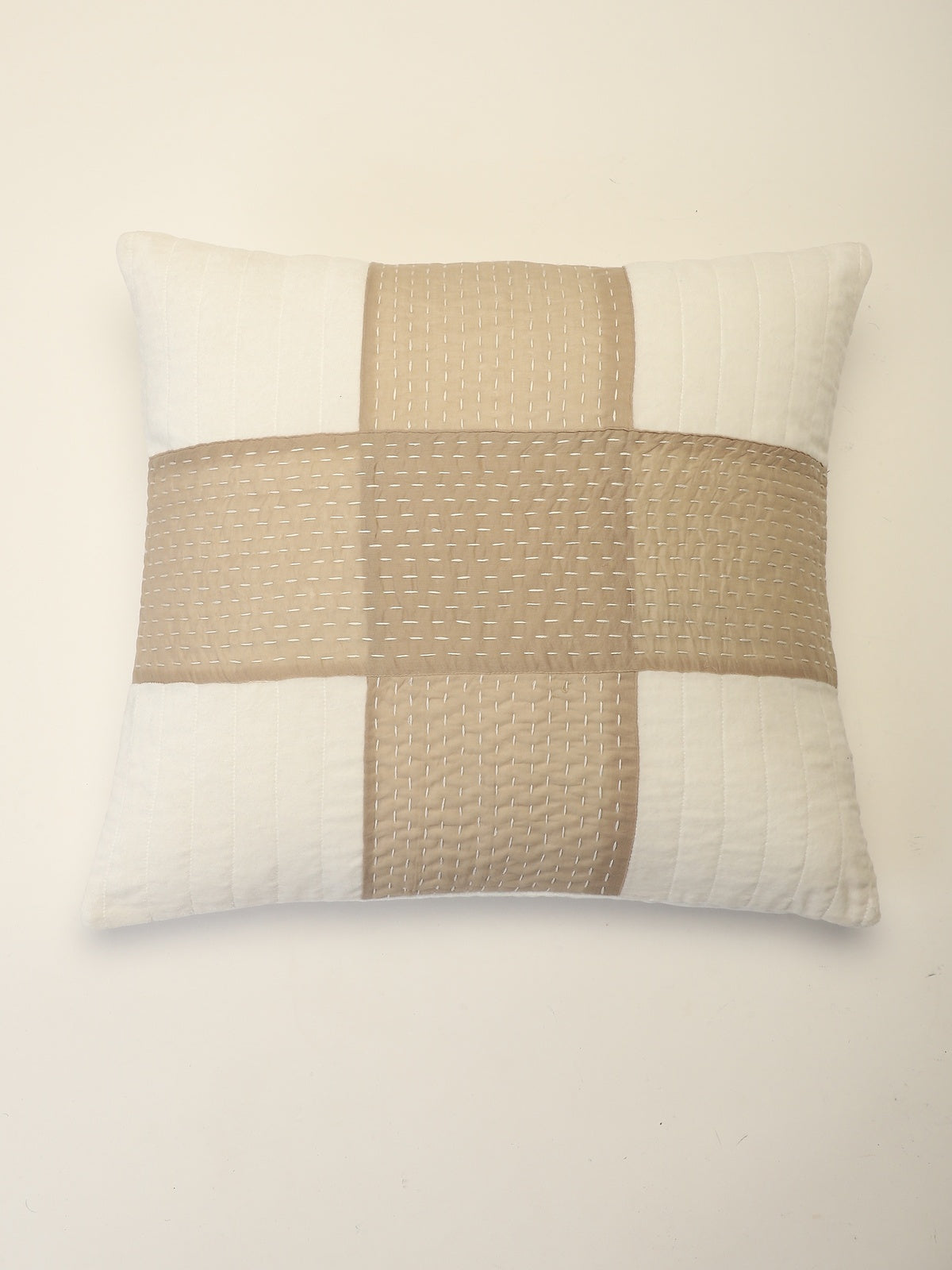 Quilted Cushion Cover With Kantha Stitch Patchwork