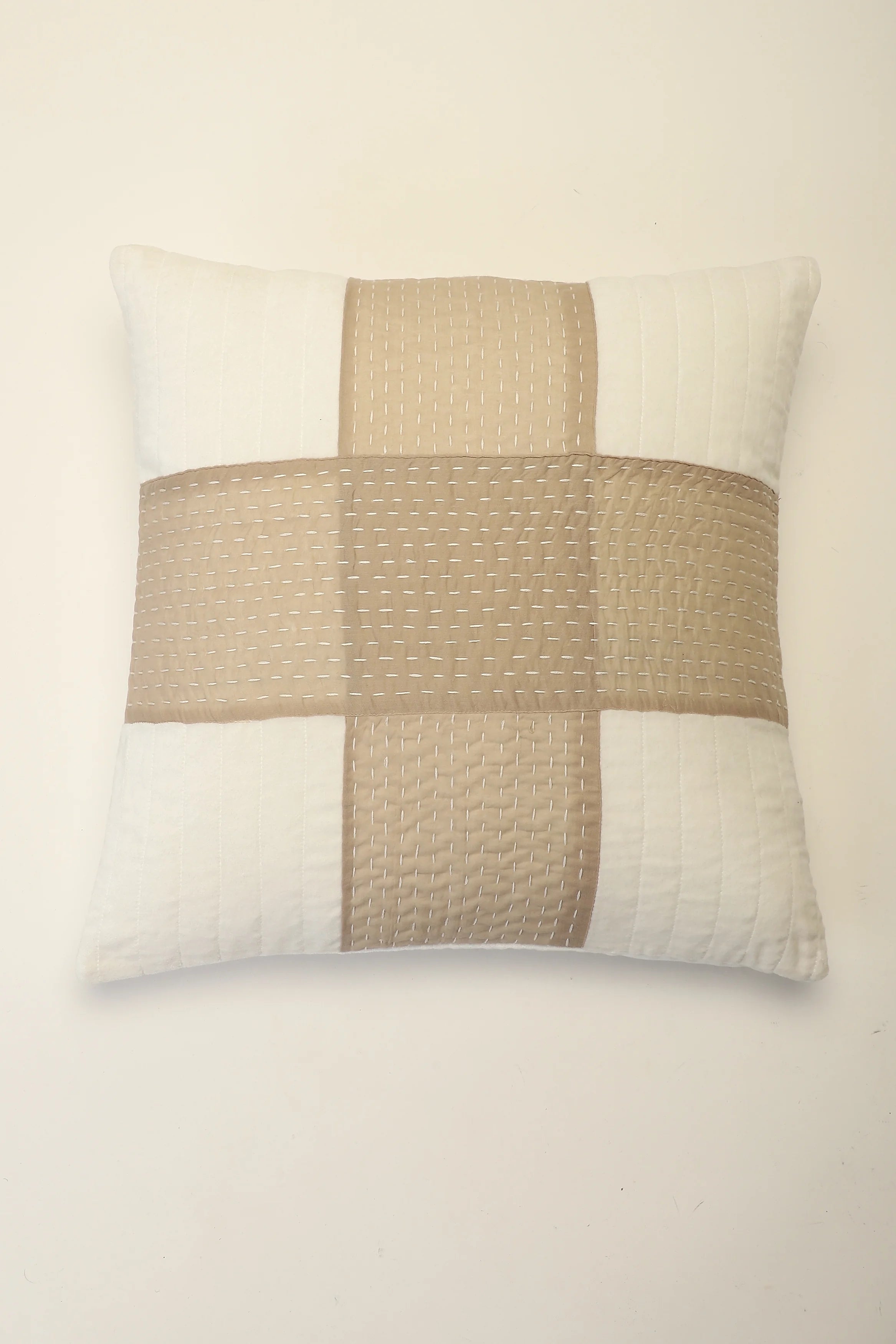 Quilted Cushion Cover With Kantha Stitch Patchwork