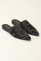 Embroidered Typography Black Slipper
