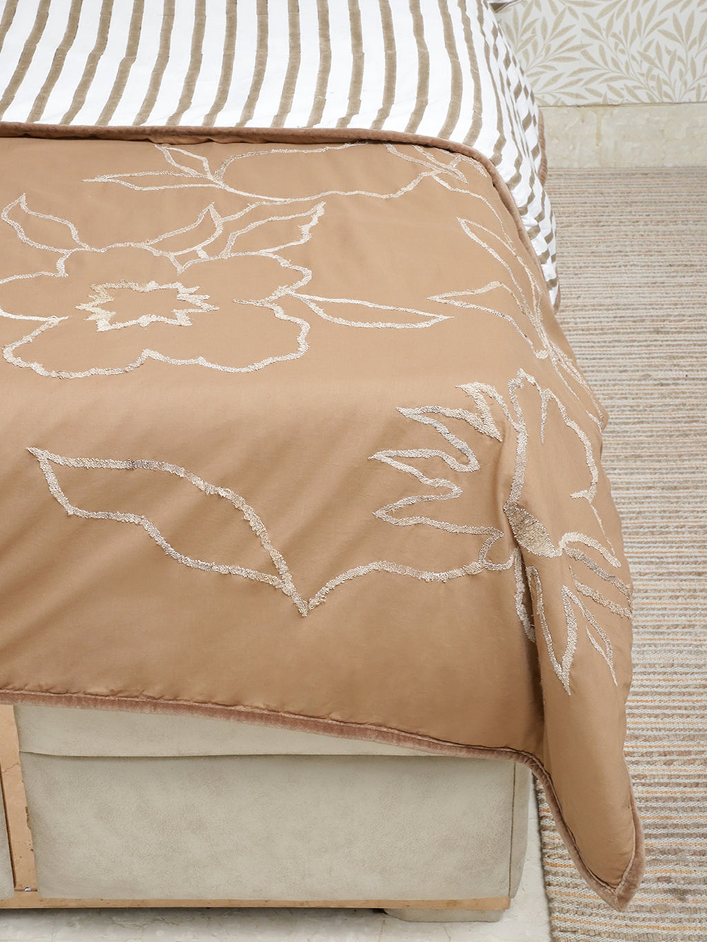 Floral Tussar Silk Embroidered Bedcover