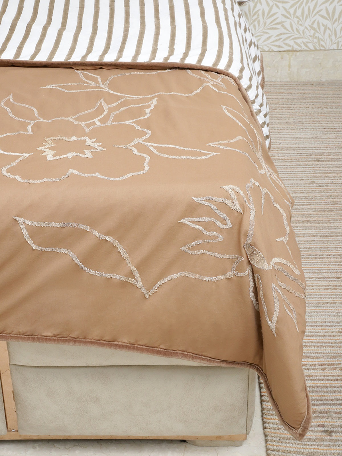 Floral Tussar Silk Embroidered Bedcover