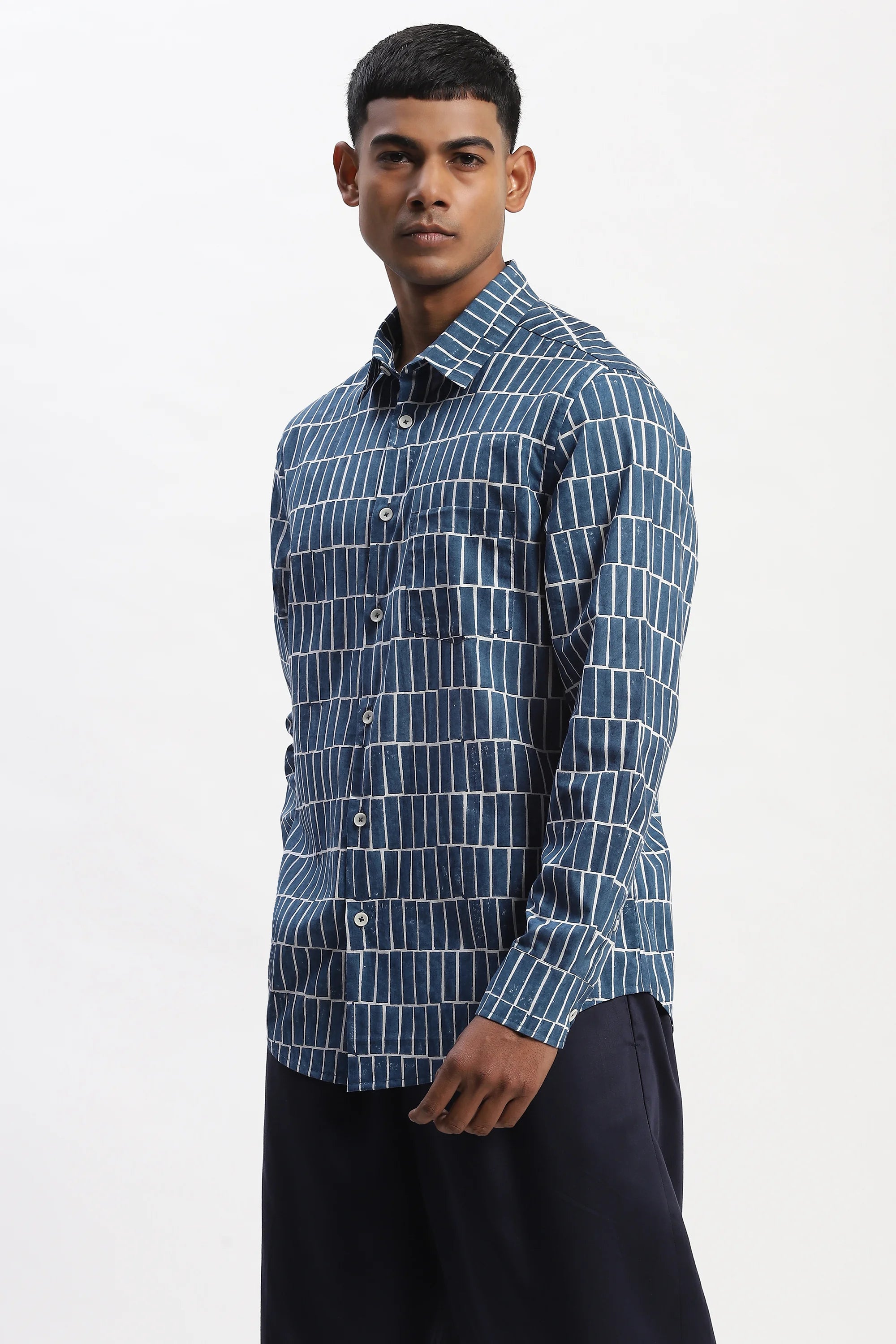 Hand Block Printed Grid Shirt