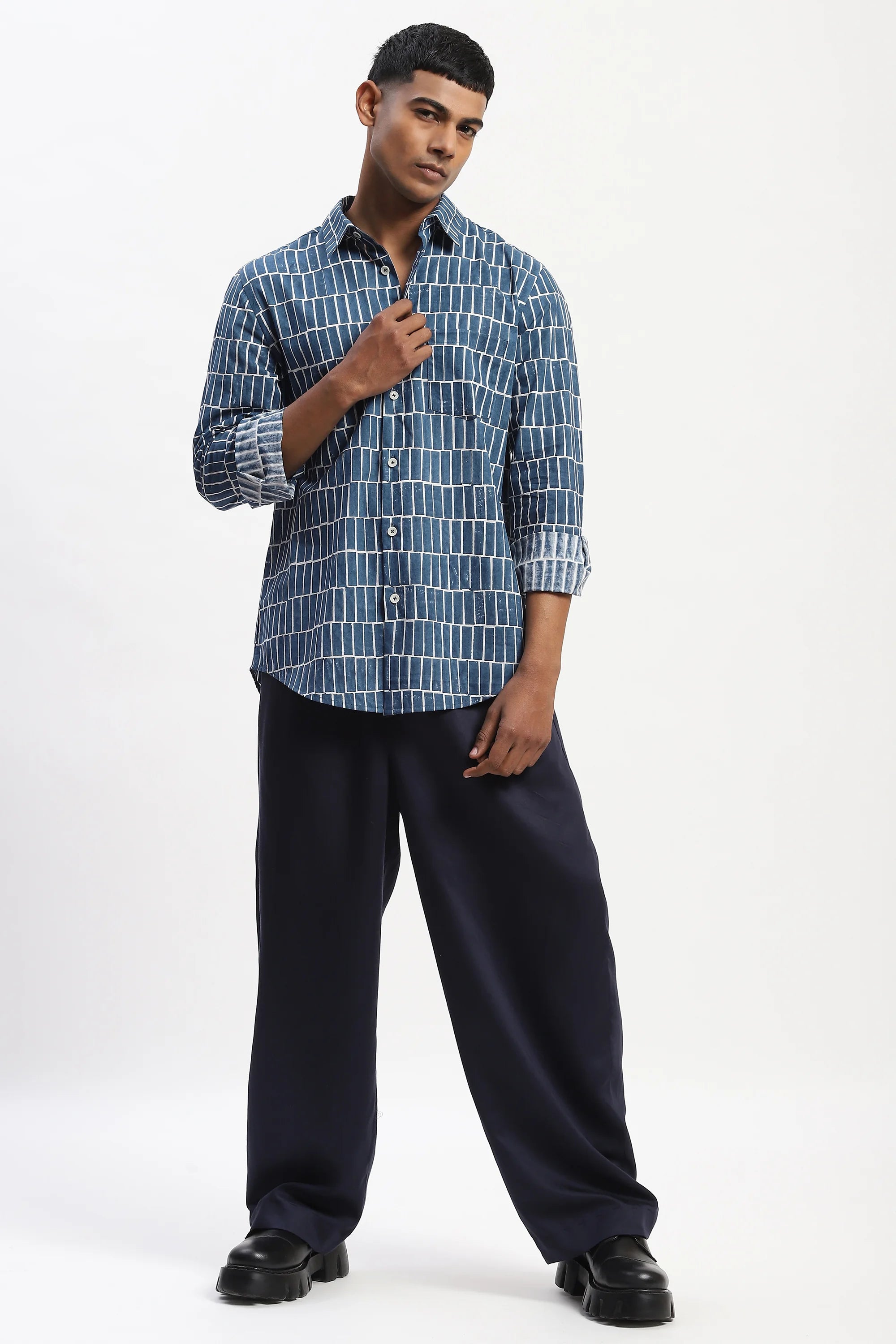 Hand Block Printed Grid Shirt
