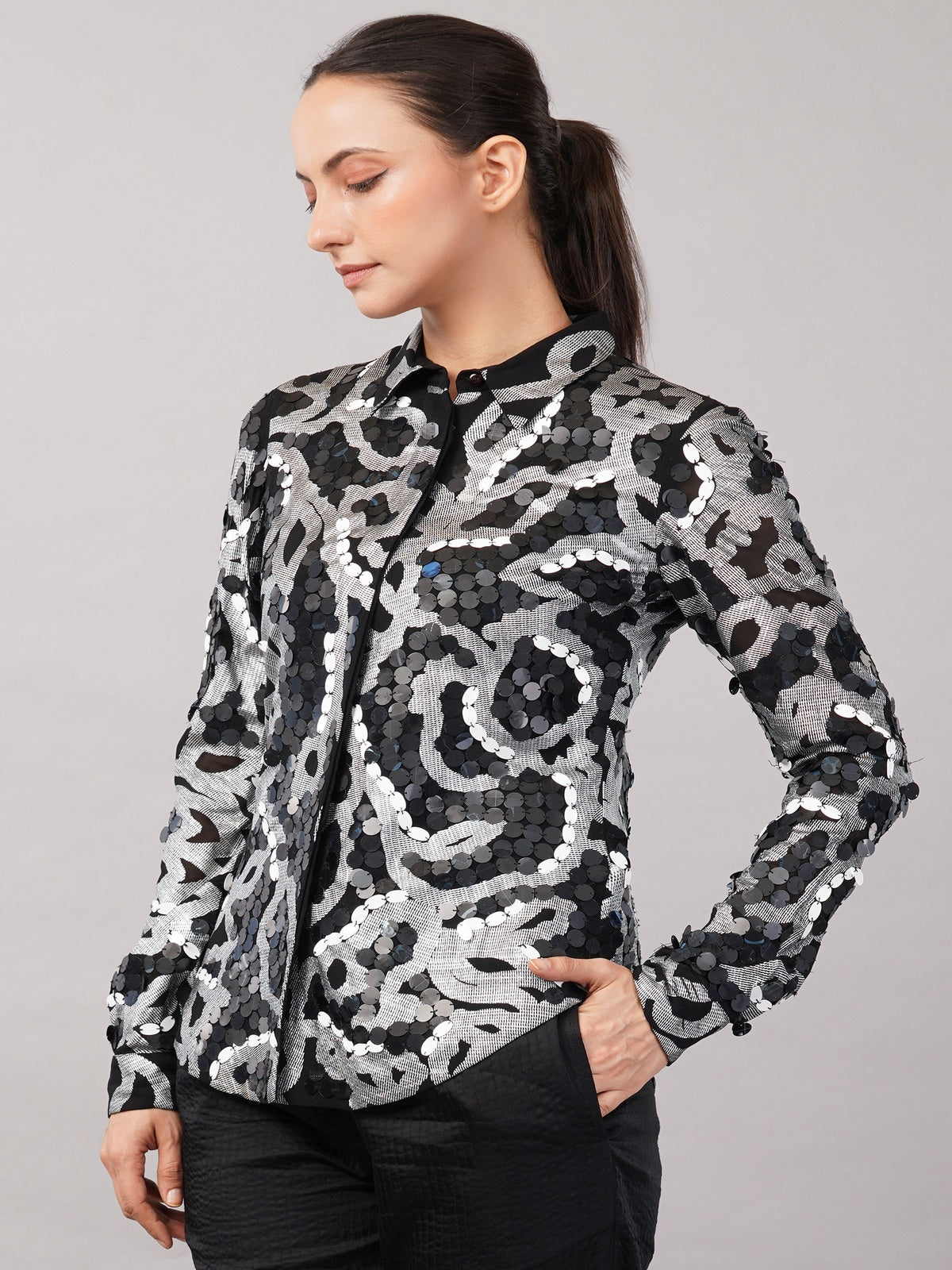 X-Ray Sequinned Metallic Floral Print Shirt