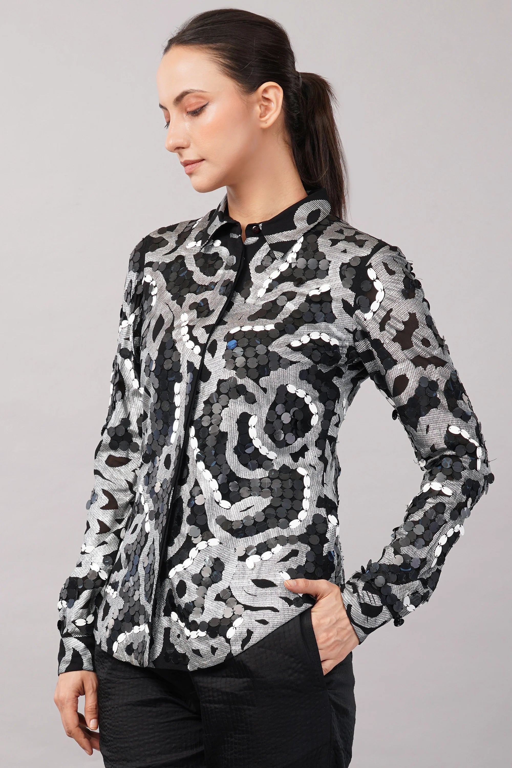 X-Ray Sequinned Metallic Floral Print Shirt