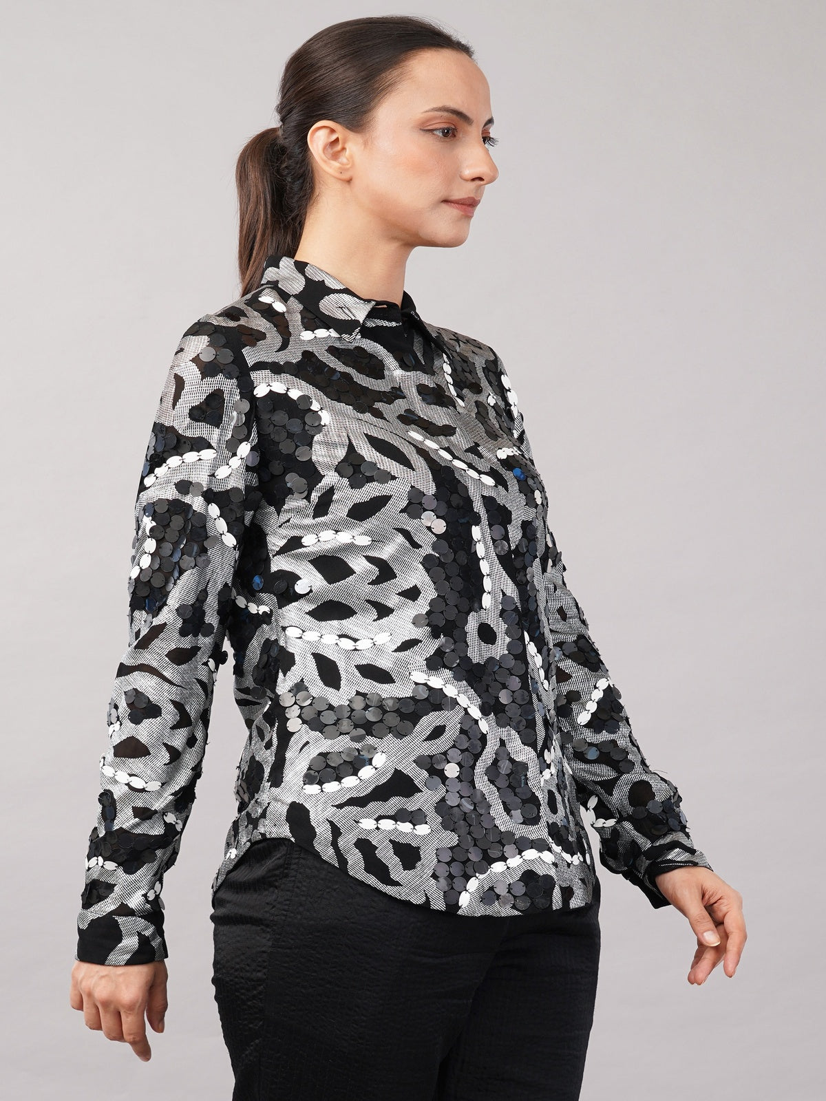 X-Ray Sequinned Metallic Floral Print Shirt