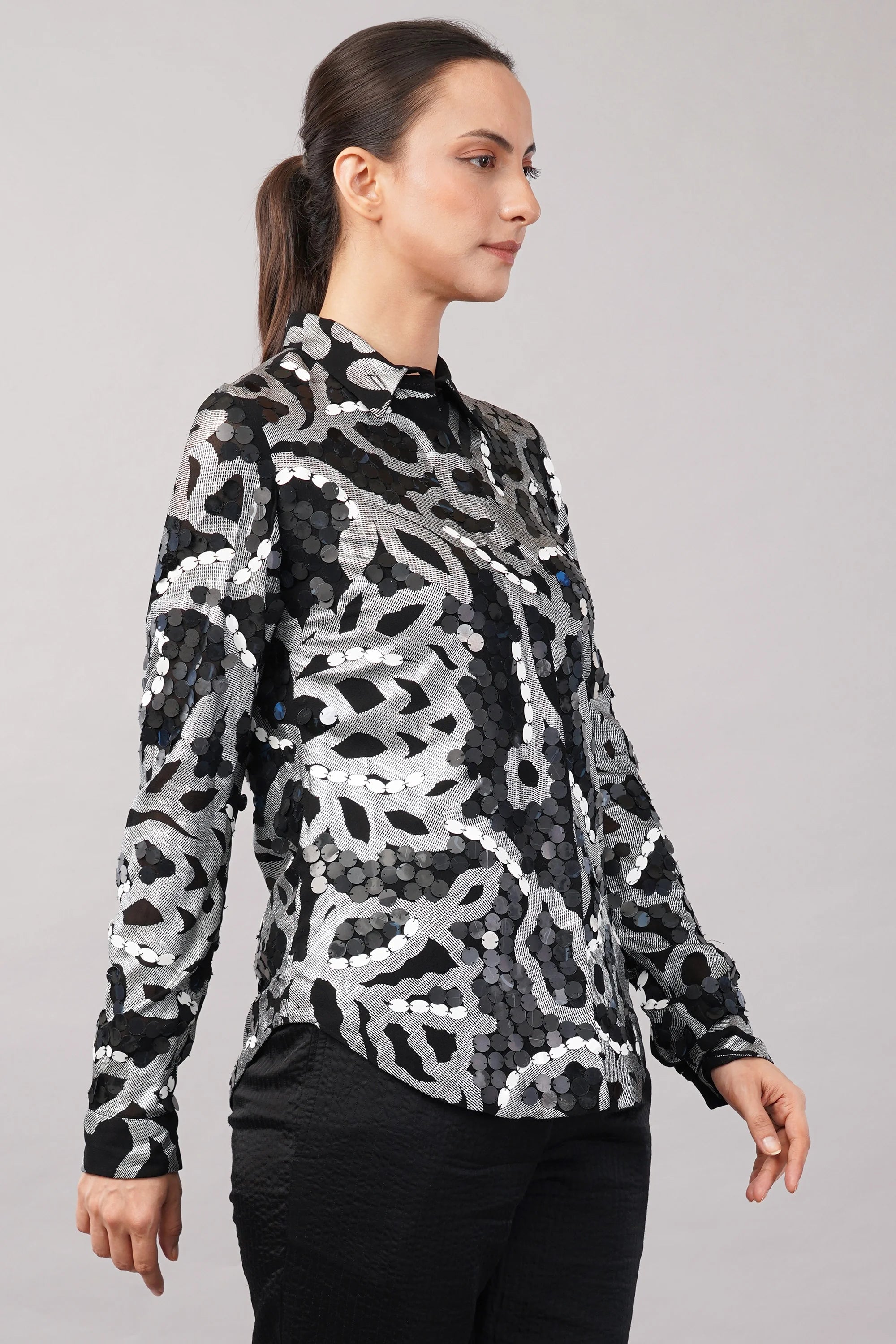 X-Ray Sequinned Metallic Floral Print Shirt