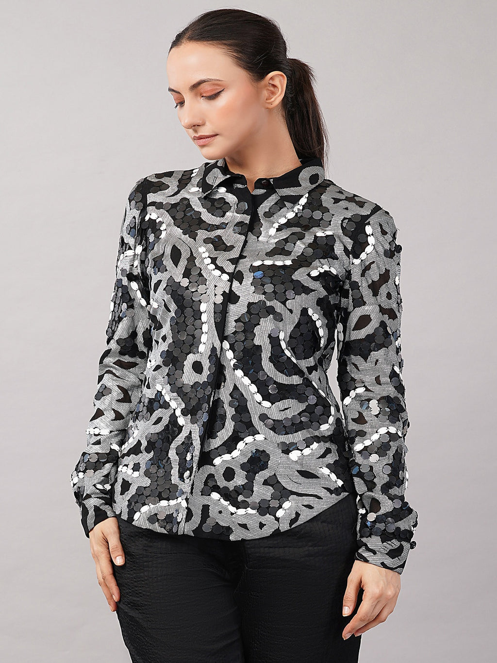 X-Ray Sequinned Metallic Floral Print Shirt