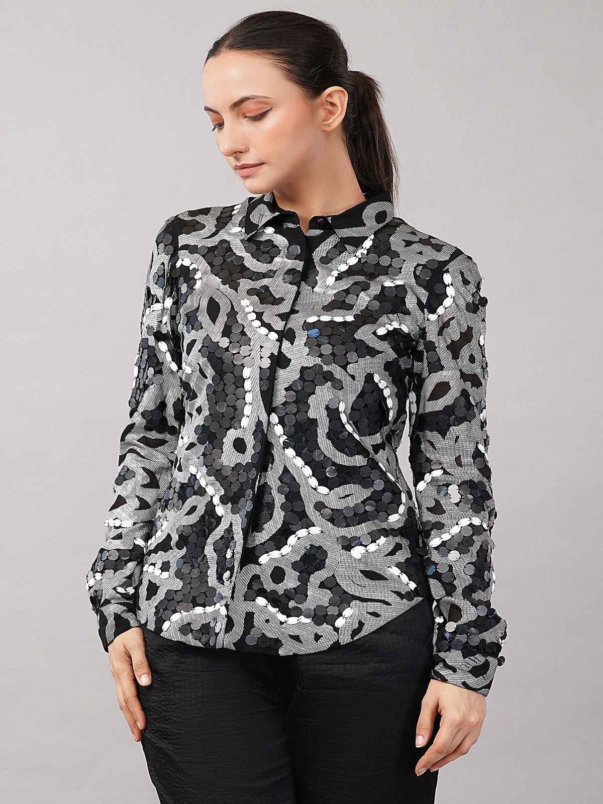 X-Ray Sequinned Metallic Floral Print Shirt