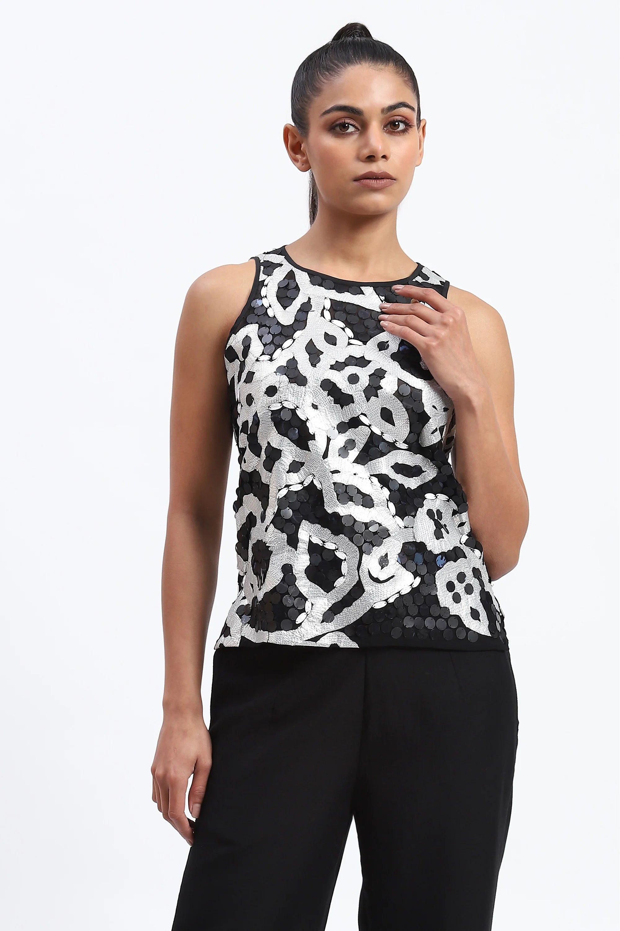 X-Ray Sequinned Metallic Floral Print Top