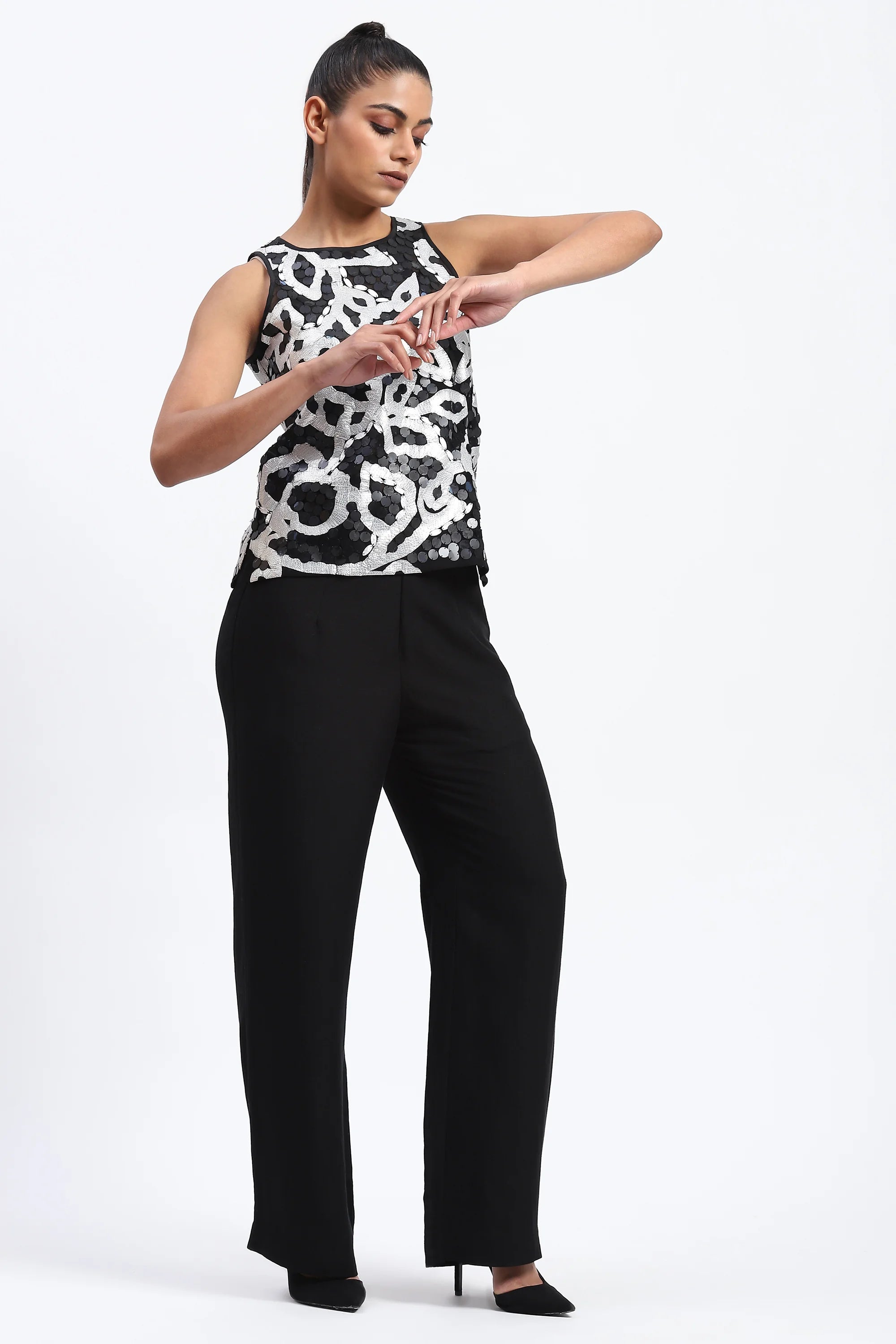 X-Ray Sequinned Metallic Floral Print Top