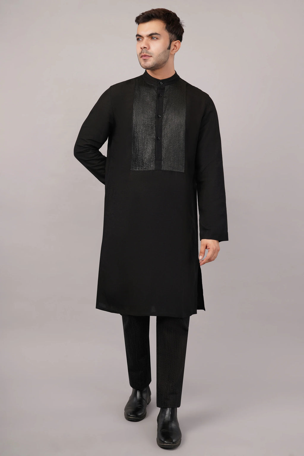 Foil Pintuck Kurta Black