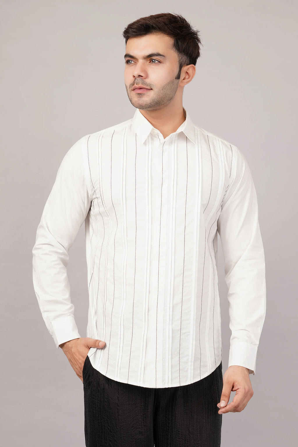 Pleated Stripes Shirt Ivory