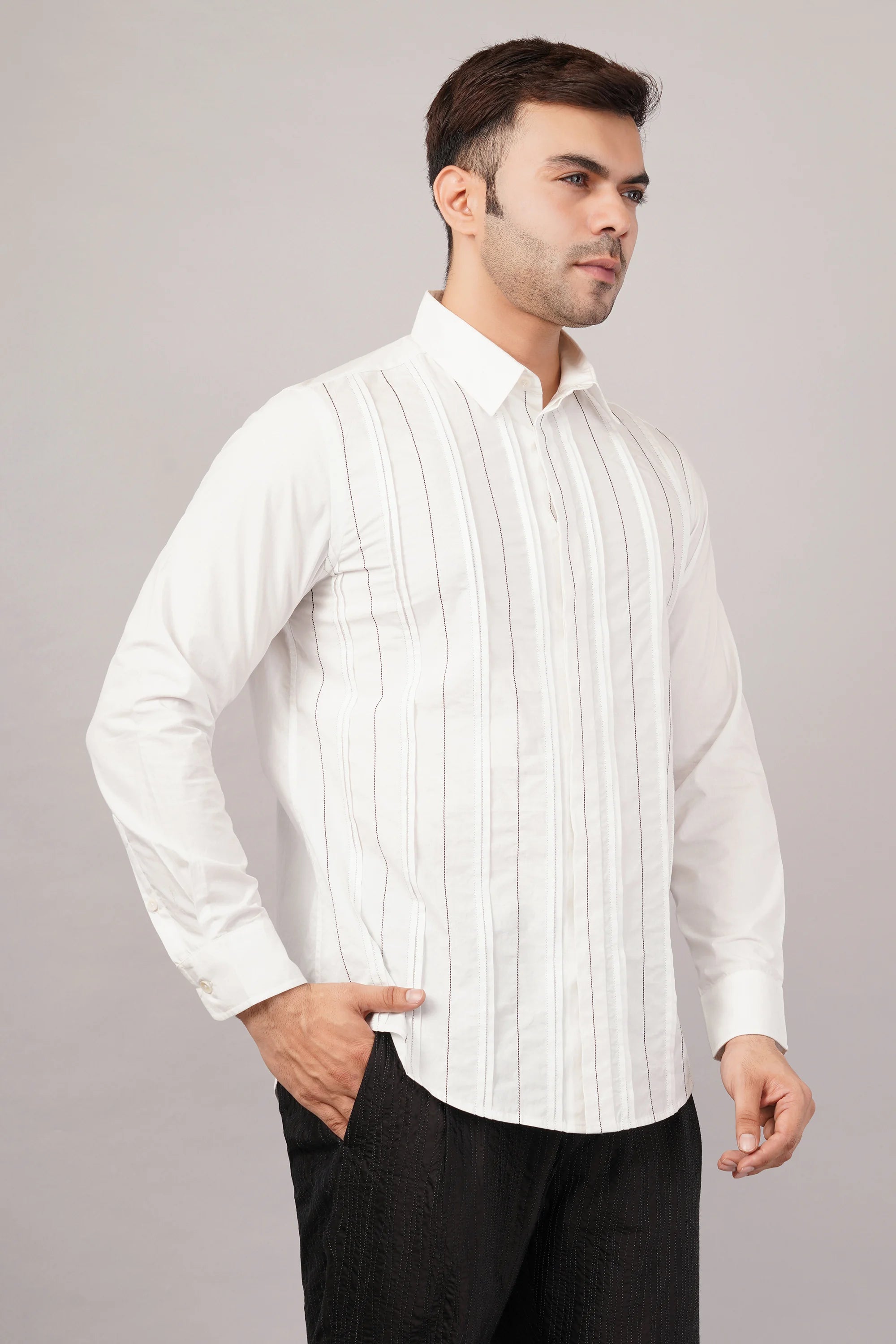 Pleated Stripes Shirt Ivory