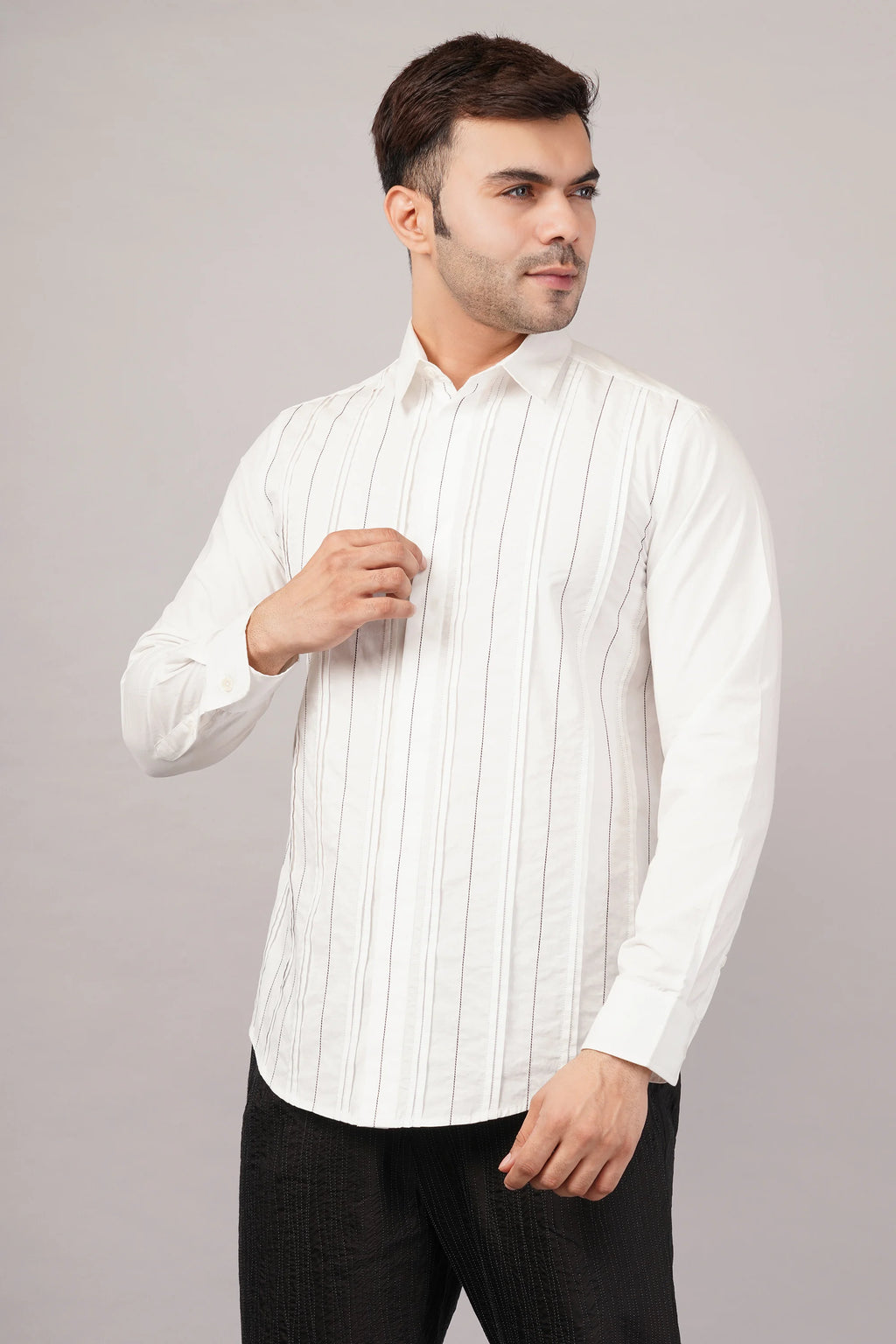 Pleated Stripes Shirt Ivory