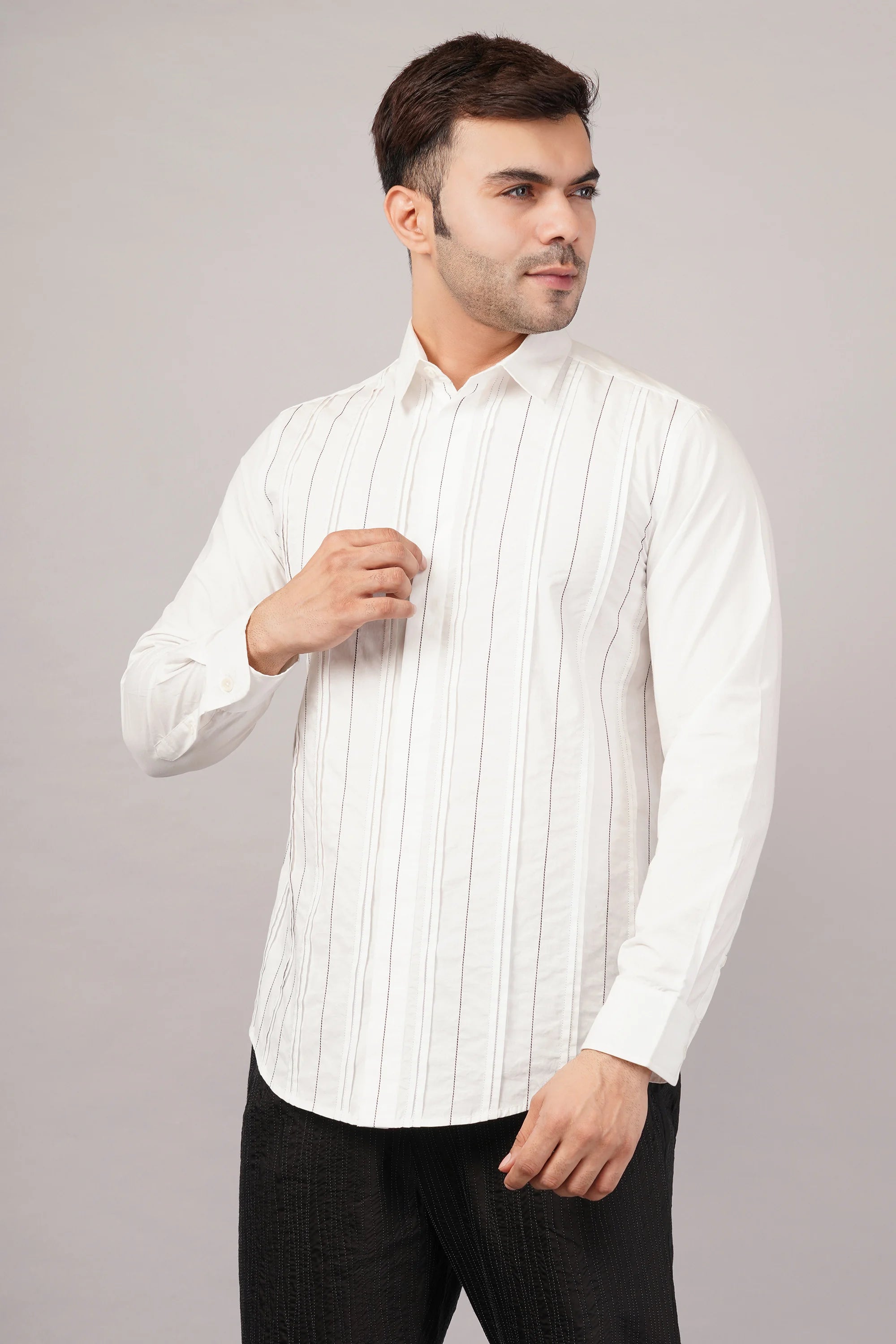 Pleated Stripes Shirt Ivory