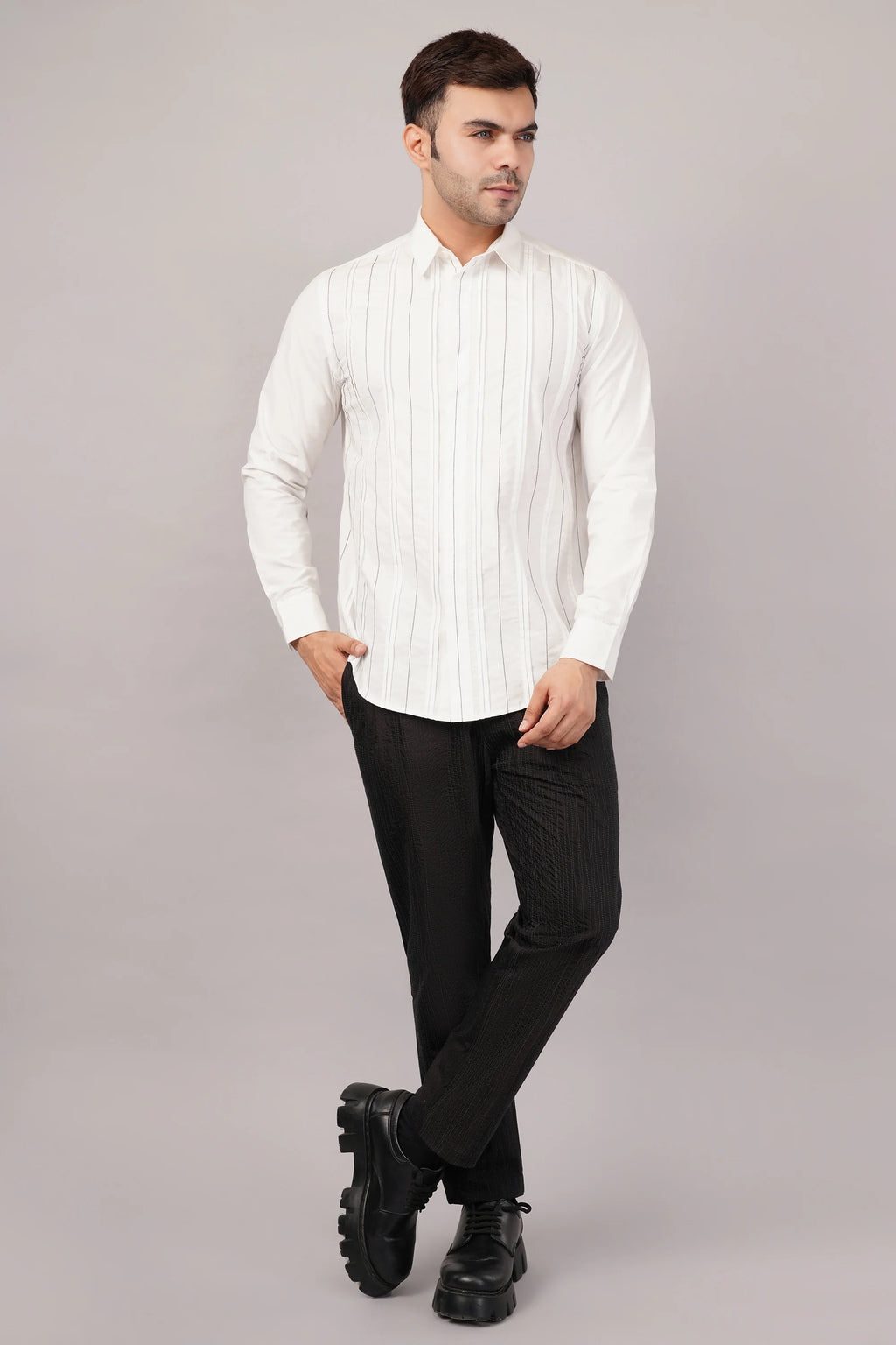 Pleated Stripes Shirt Ivory