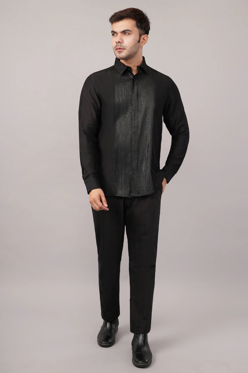 Foil Pintuck Shirt Black