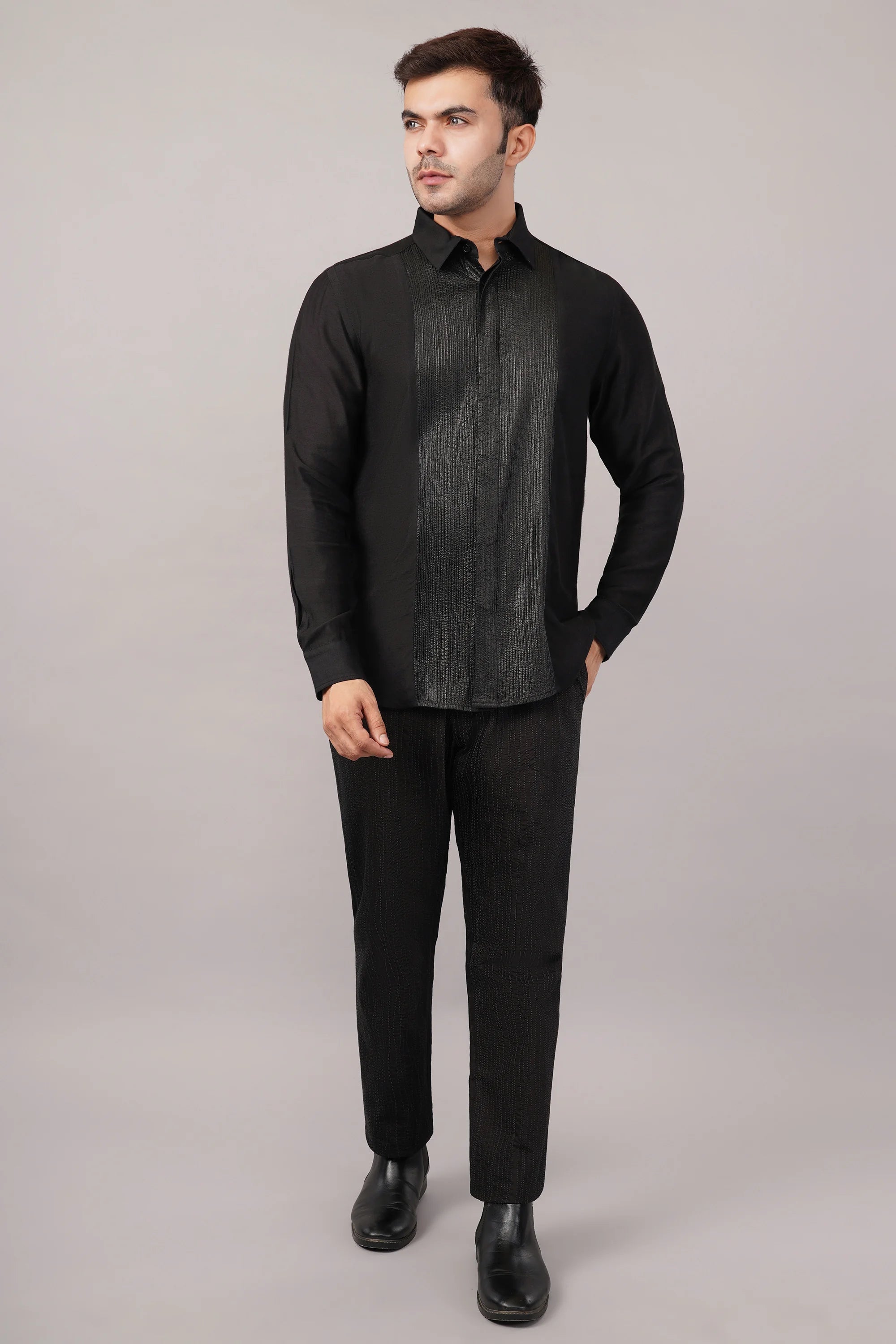 Foil Pintuck Shirt Black