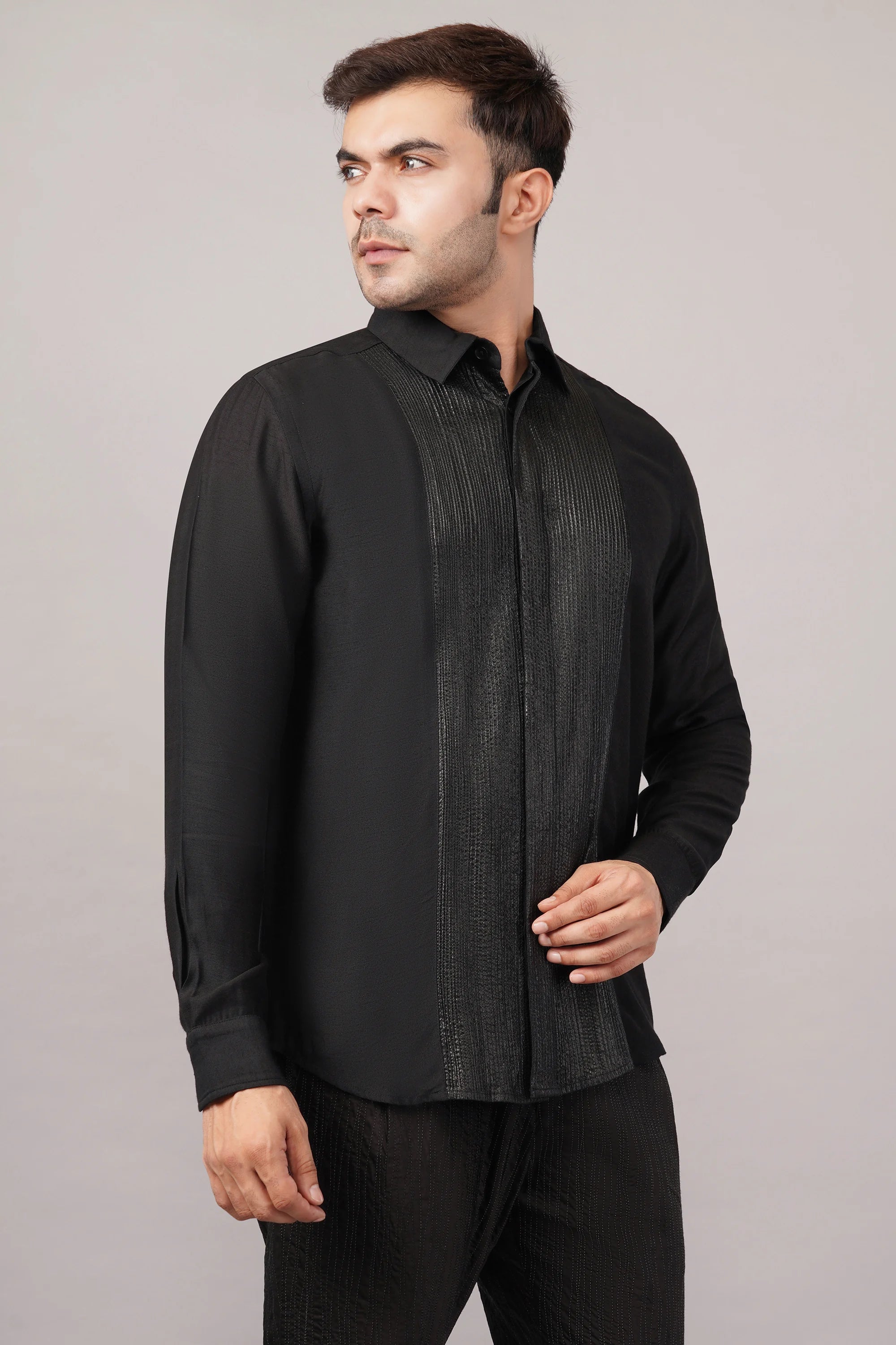 Foil Pintuck Shirt Black