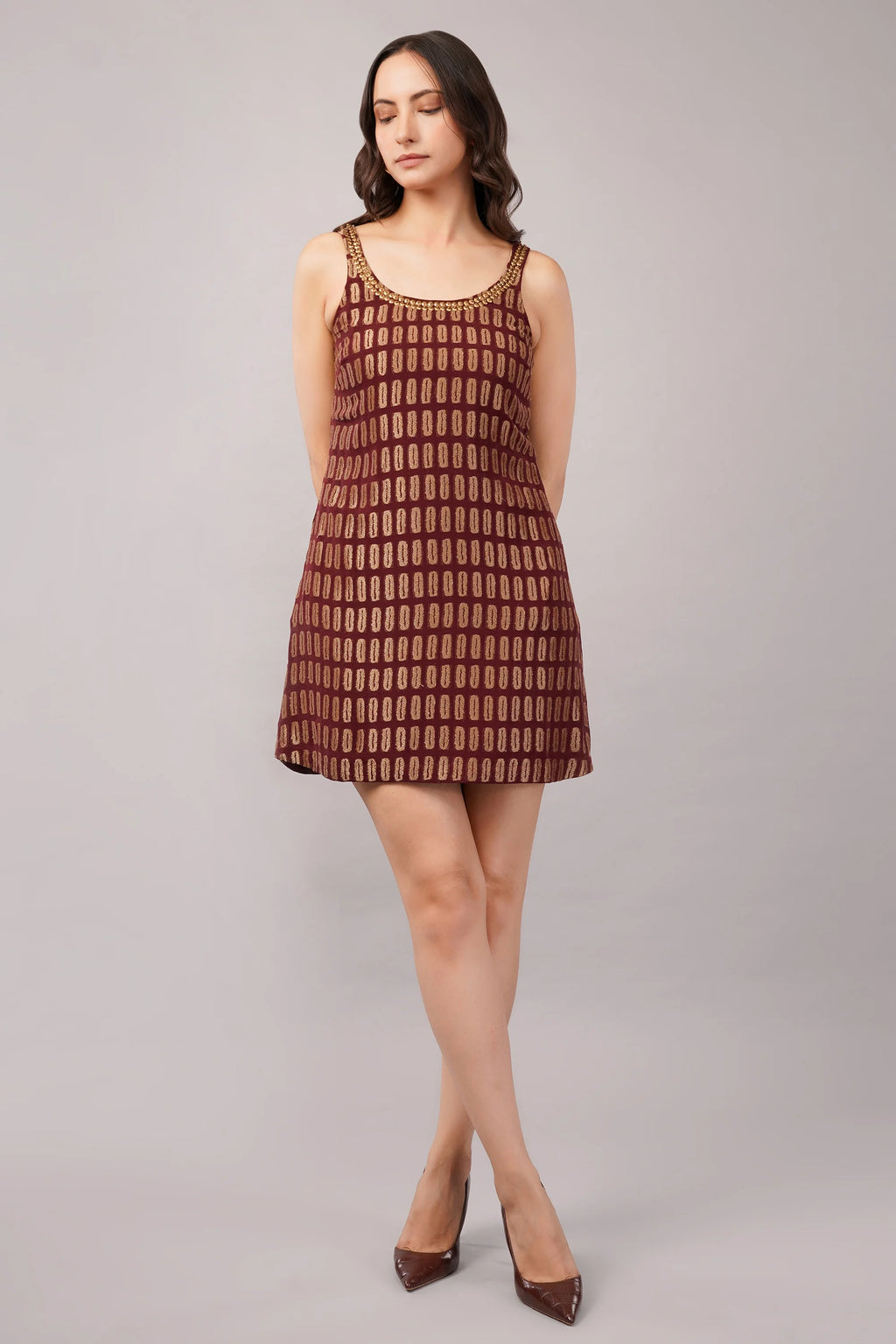 Lozenge Brocade Dress Burgundy
