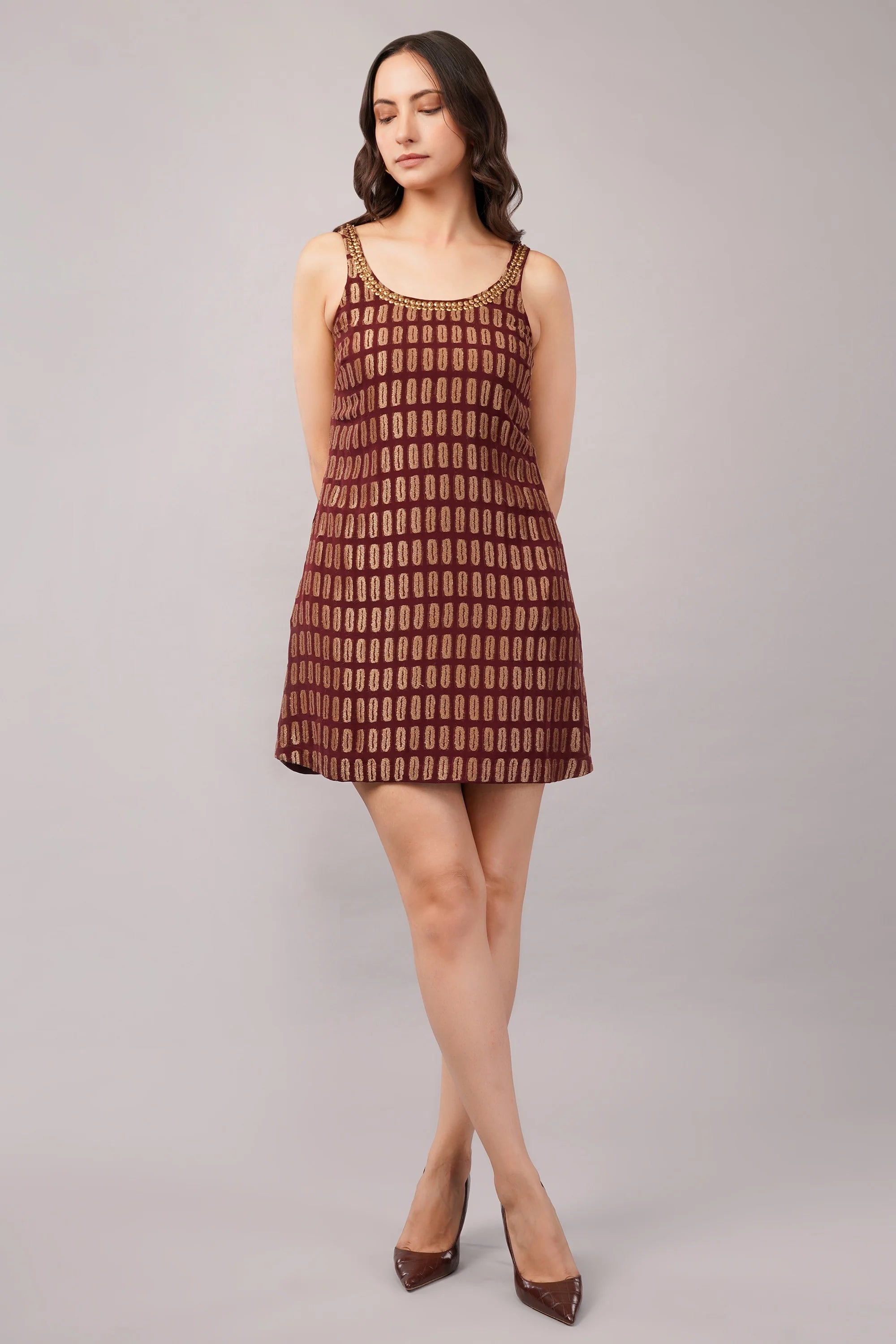 Lozenge Brocade Dress Burgundy