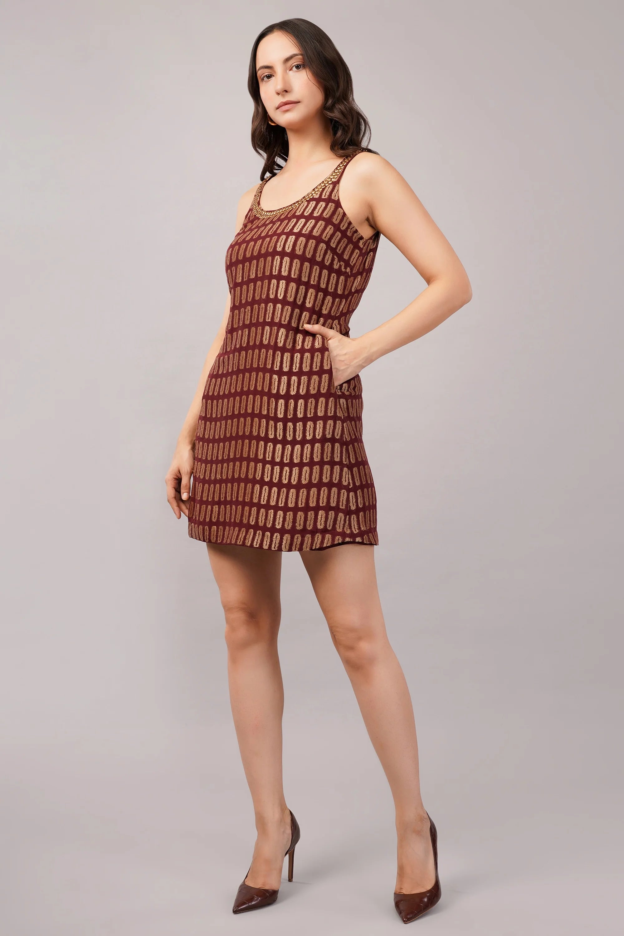 Lozenge Brocade Dress Burgundy