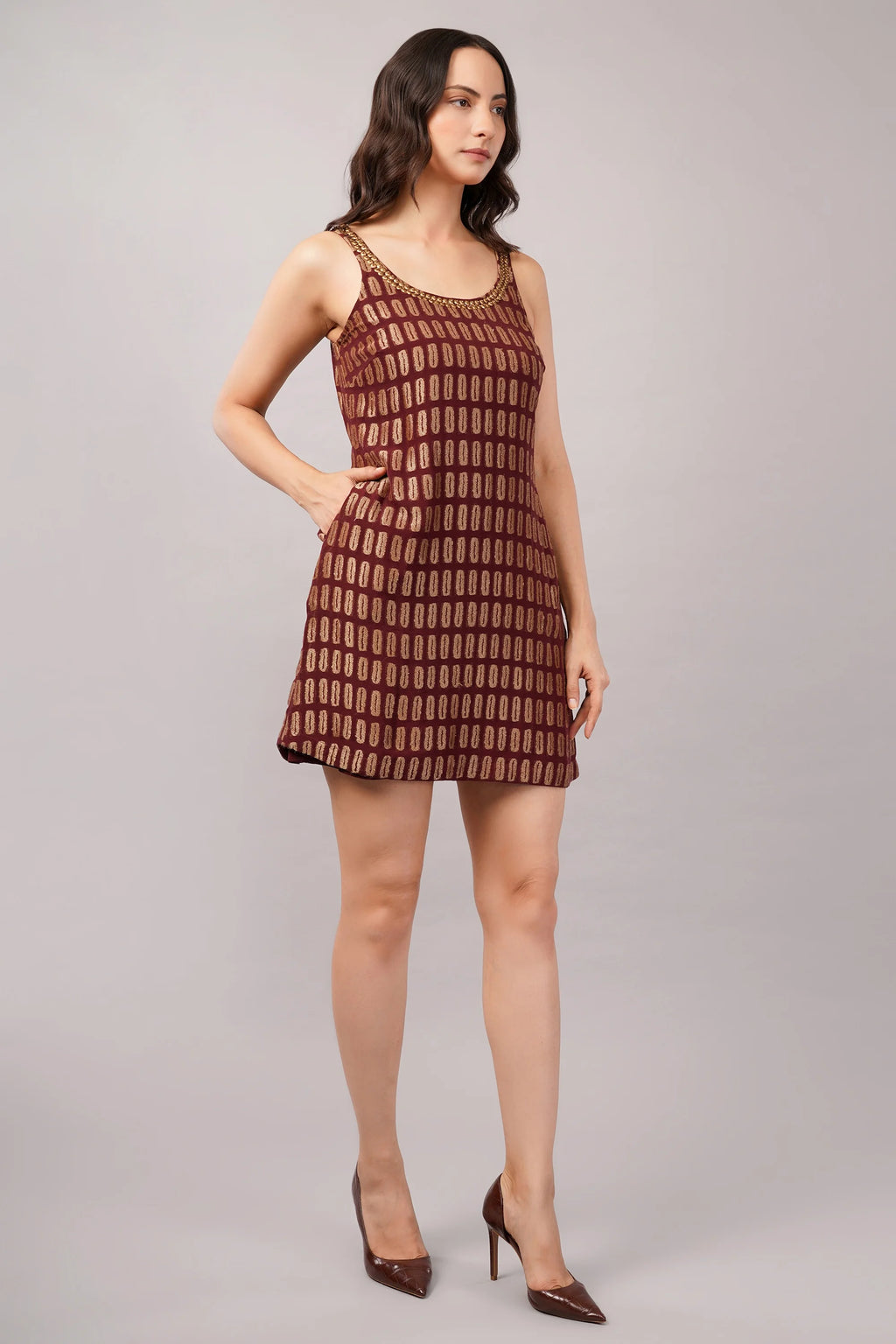 Lozenge Brocade Dress Burgundy