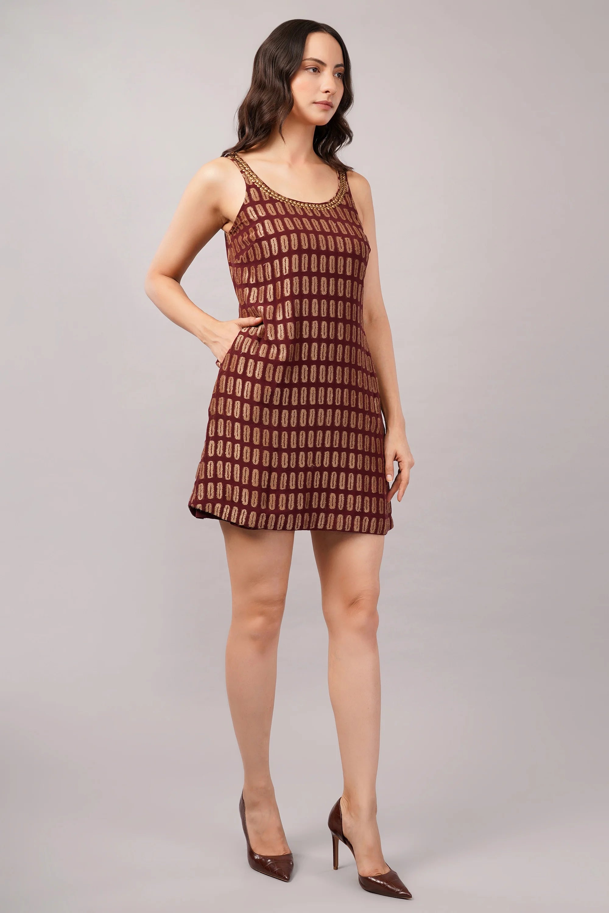 Lozenge Brocade Dress Burgundy
