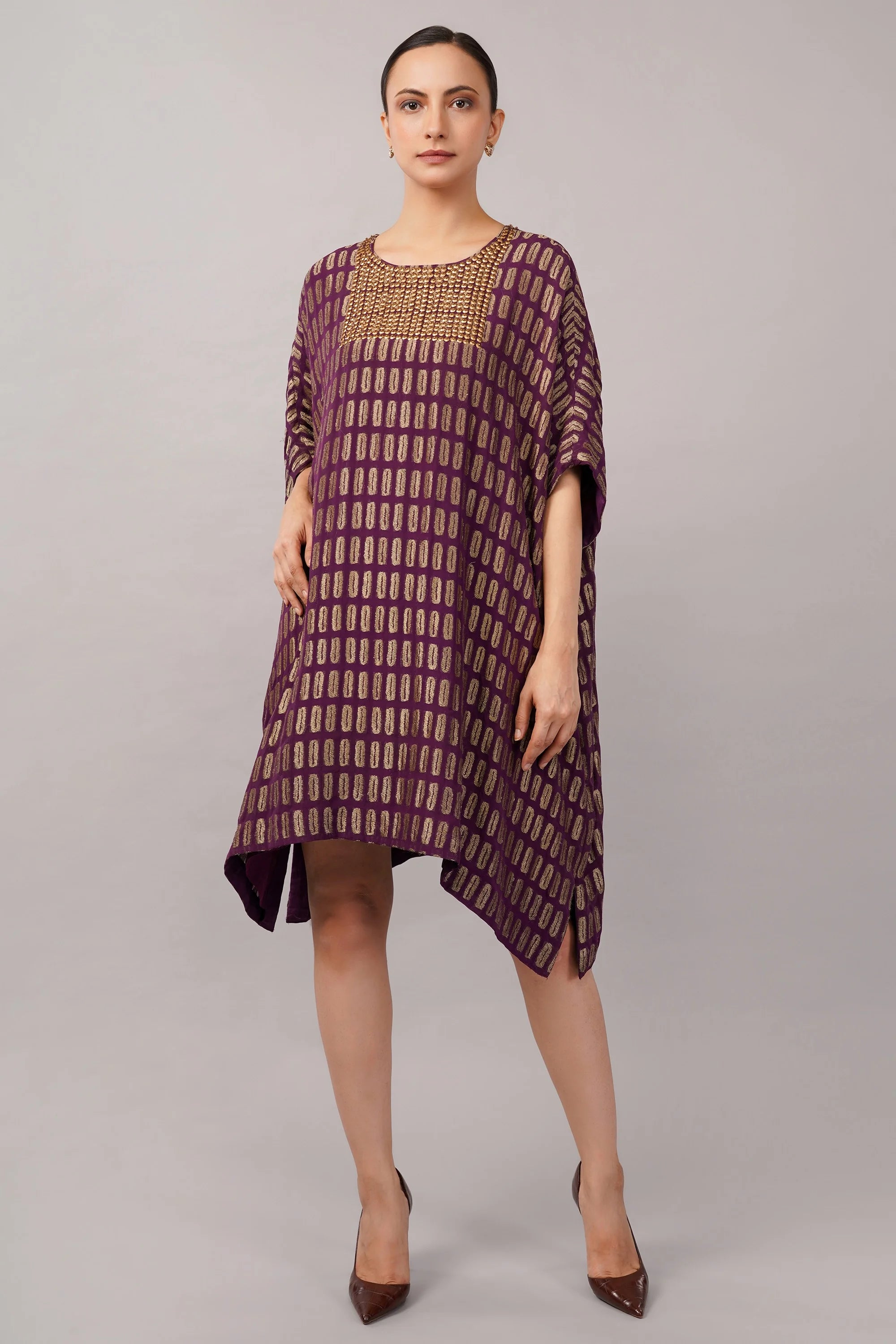 Lozenge Brocade Dress Aubergine