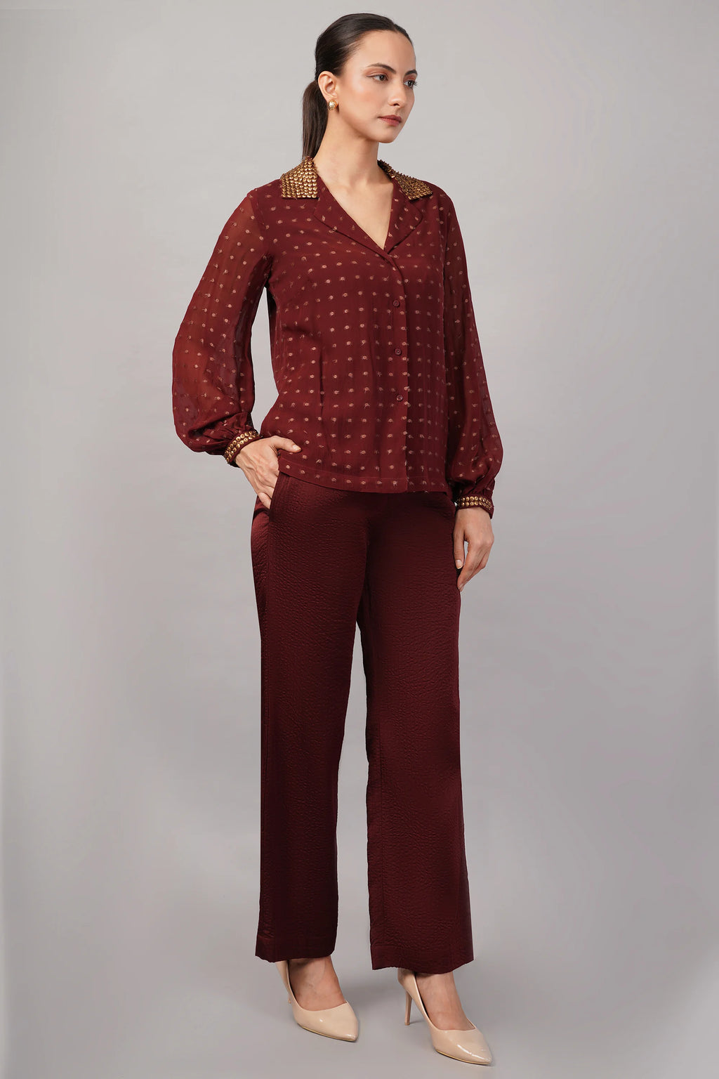 Dot Brocade Shirt Burgundy