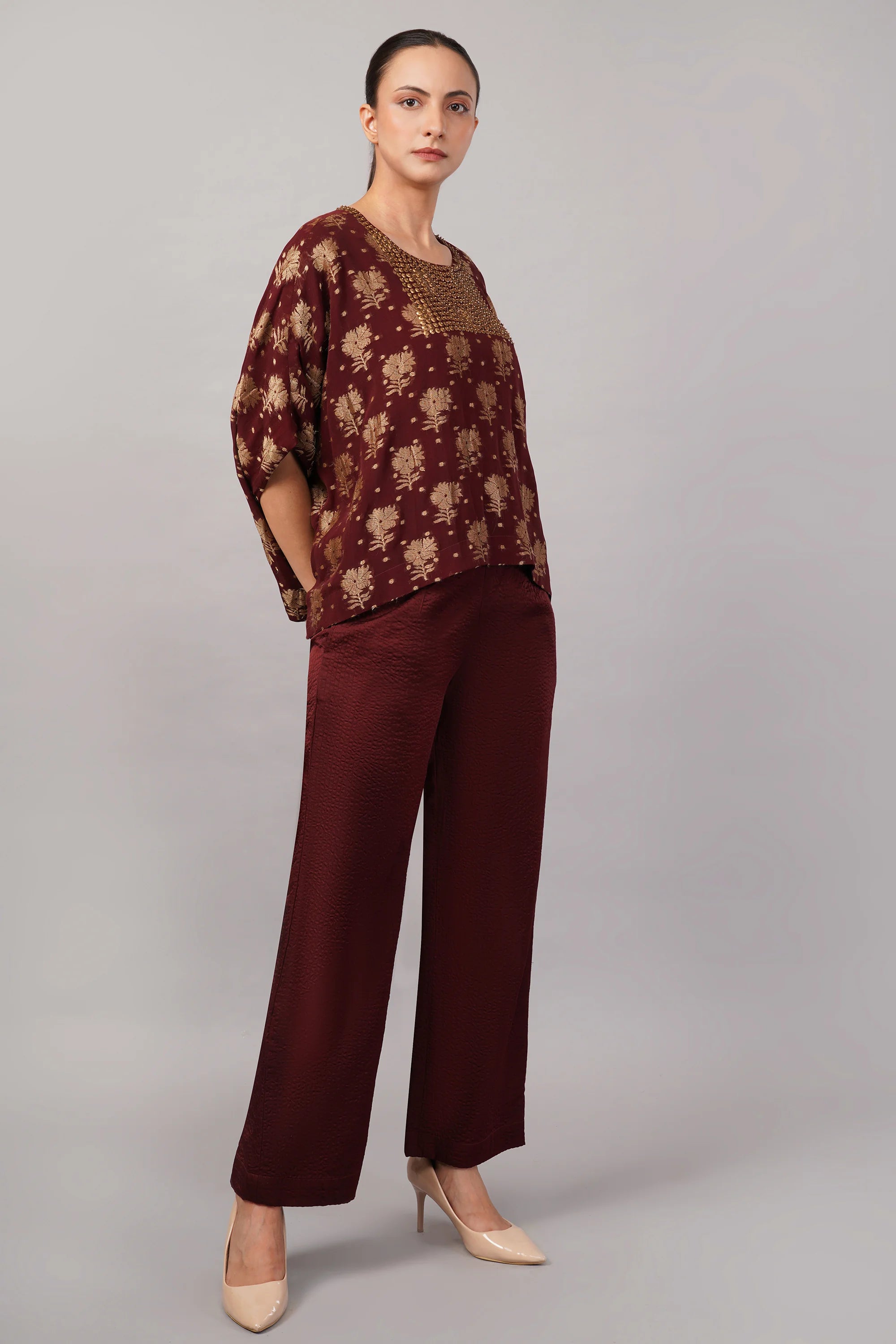 Floral Brocade Top Burgundy