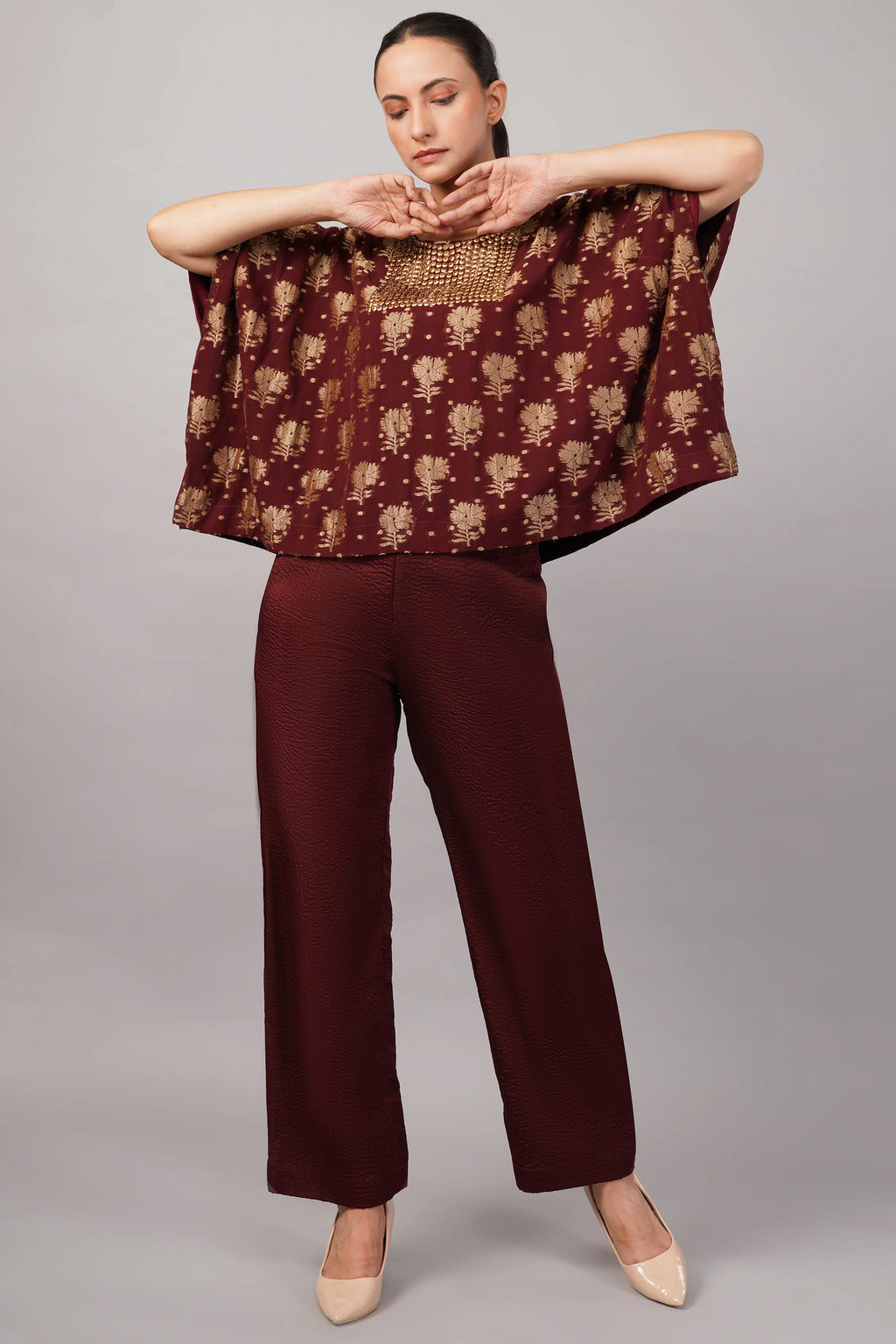 Floral Brocade Top Burgundy