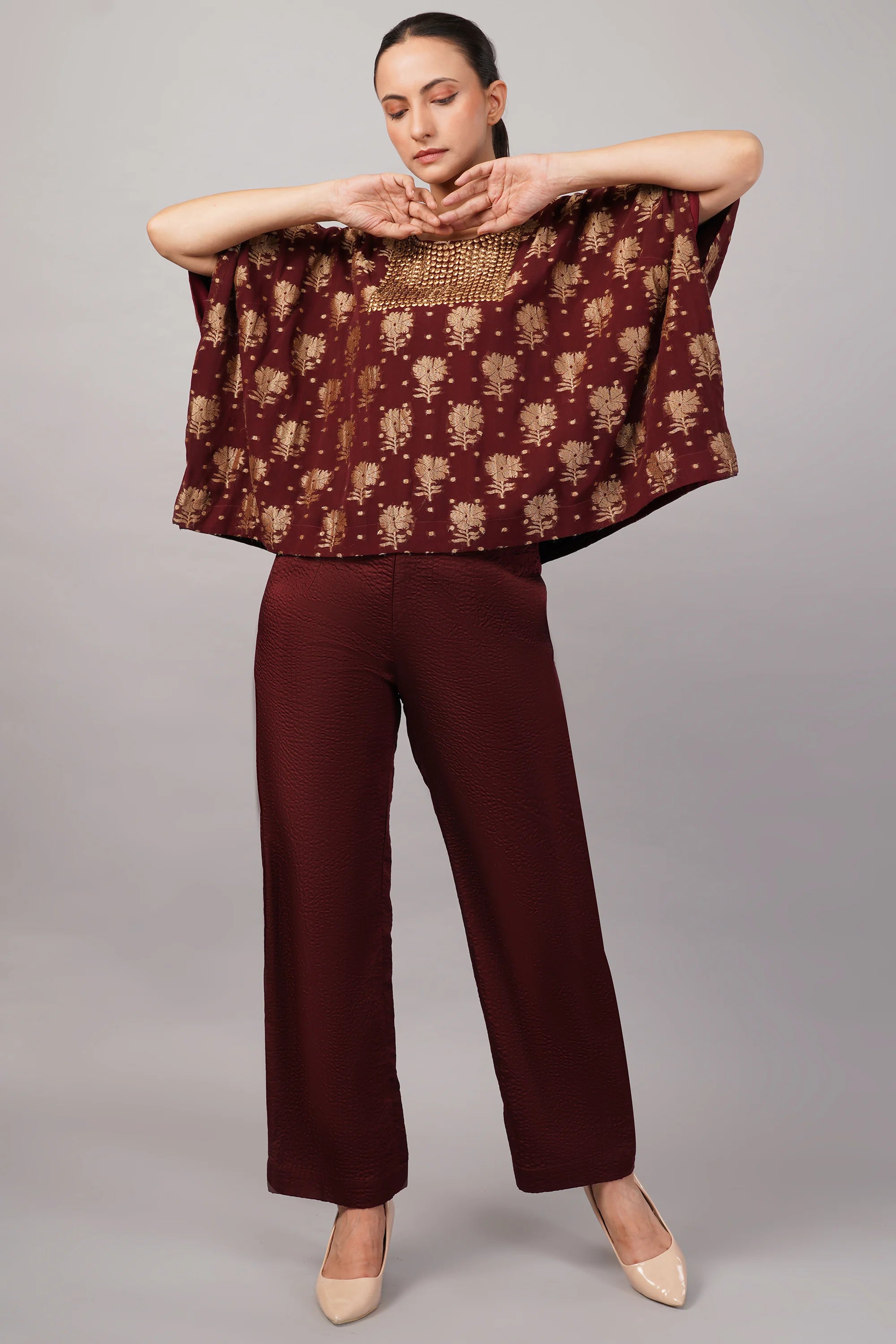 Floral Brocade Top Burgundy