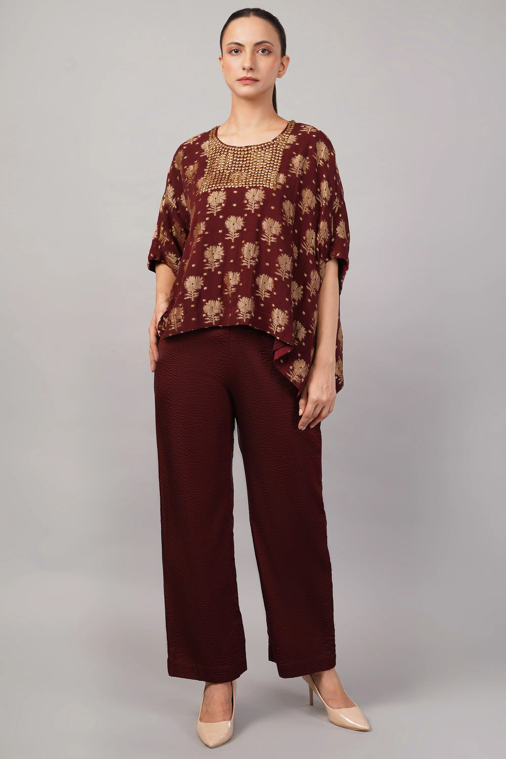 Floral Brocade Top Burgundy