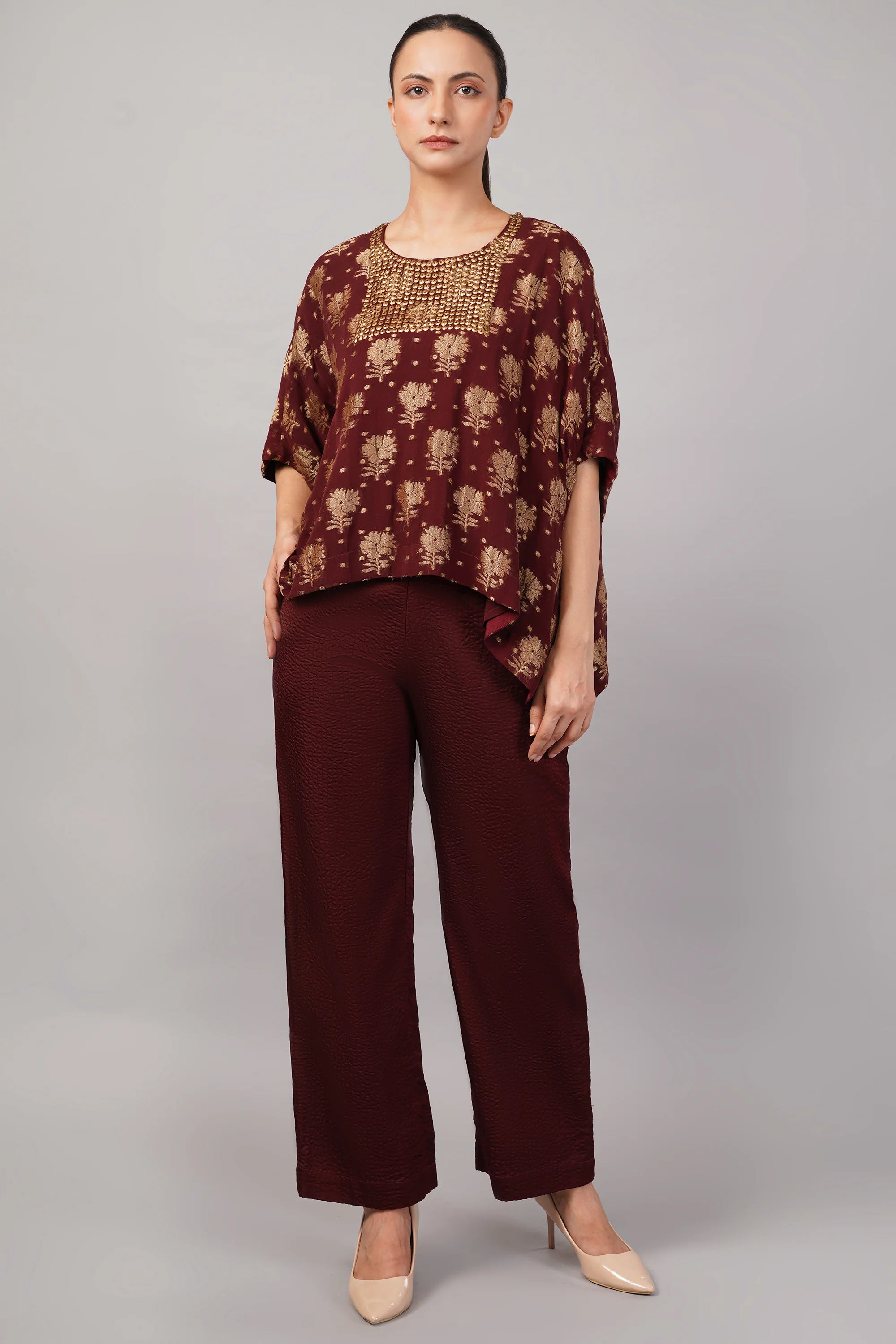 Floral Brocade Top Burgundy