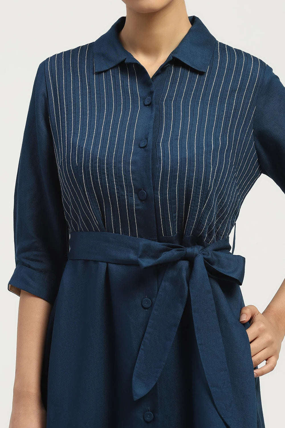 Pleated Linen Dress Indigo