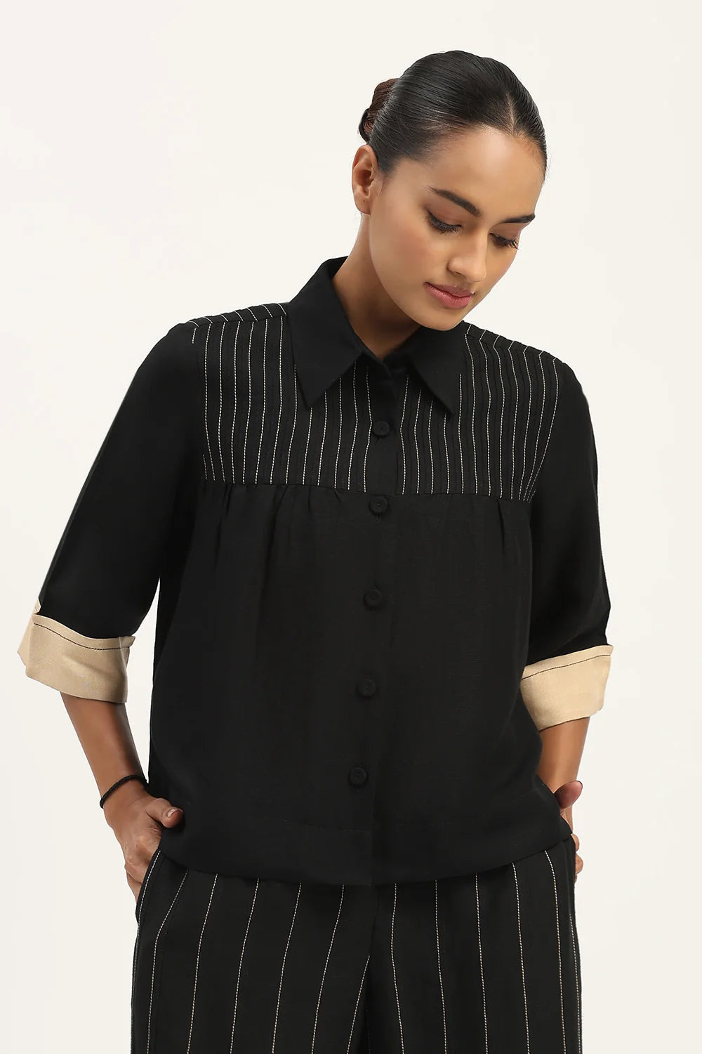 Pleated Linen Top Black