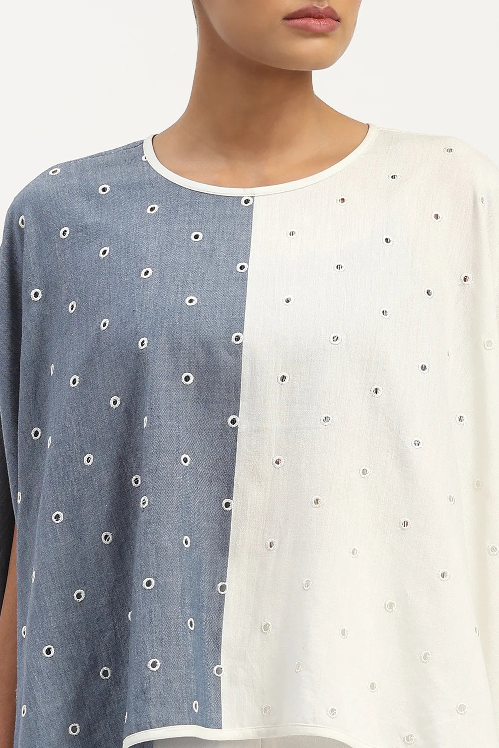 Schiffli Top Indigo & Ivory