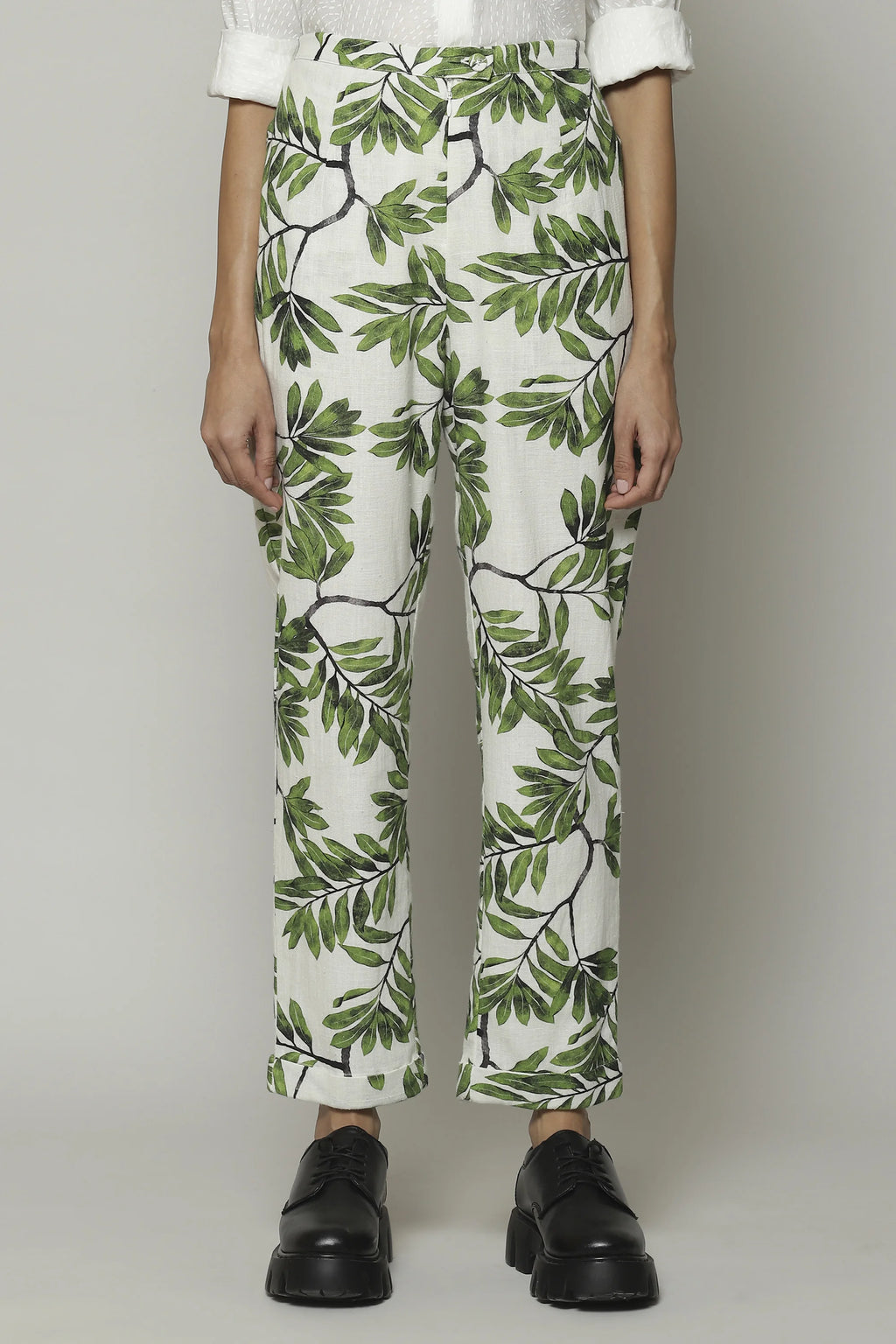 Leaf Print Handspun Handwoven Cotton Pant Ivory