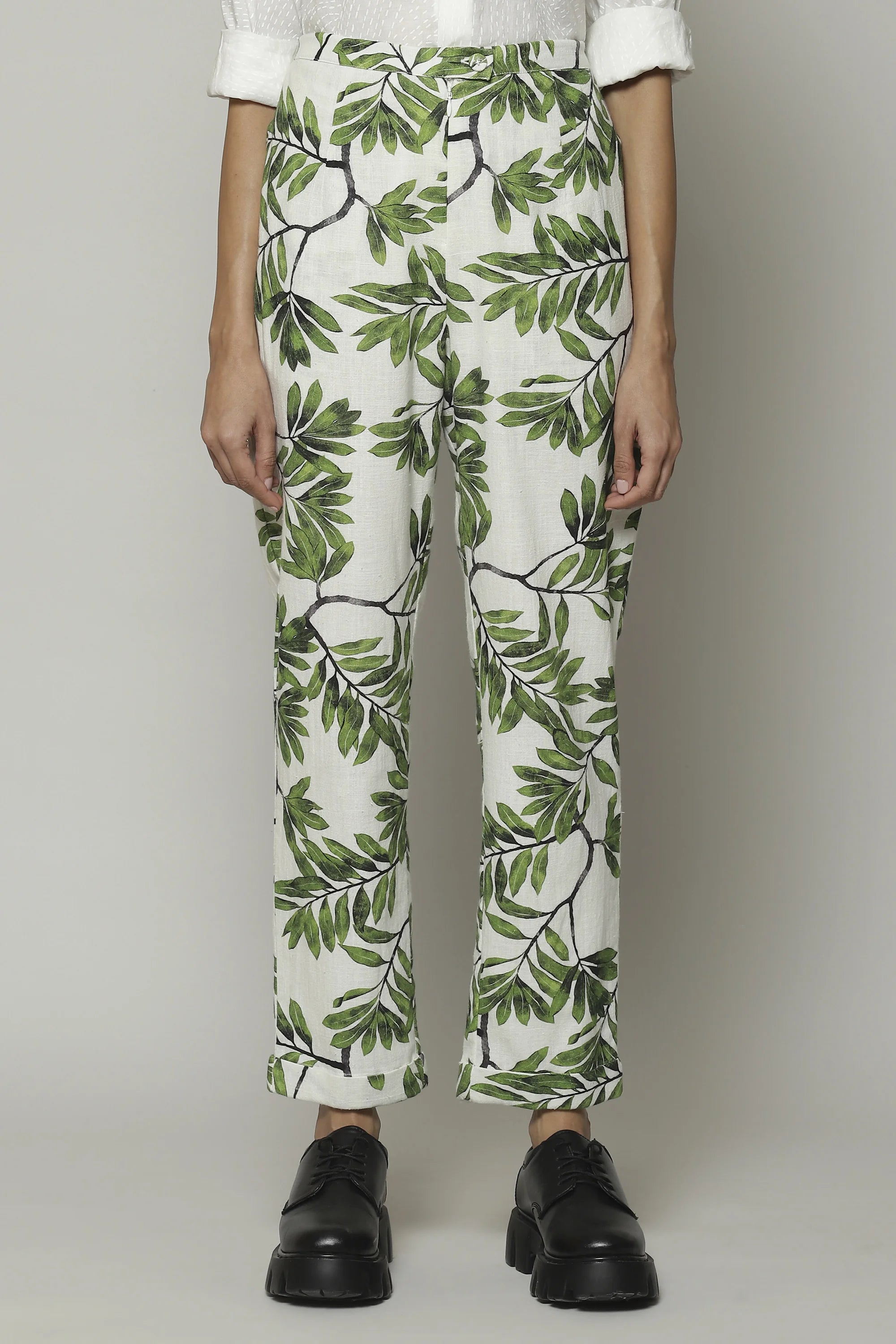 Leaf Print Handspun Handwoven Cotton Pant Ivory