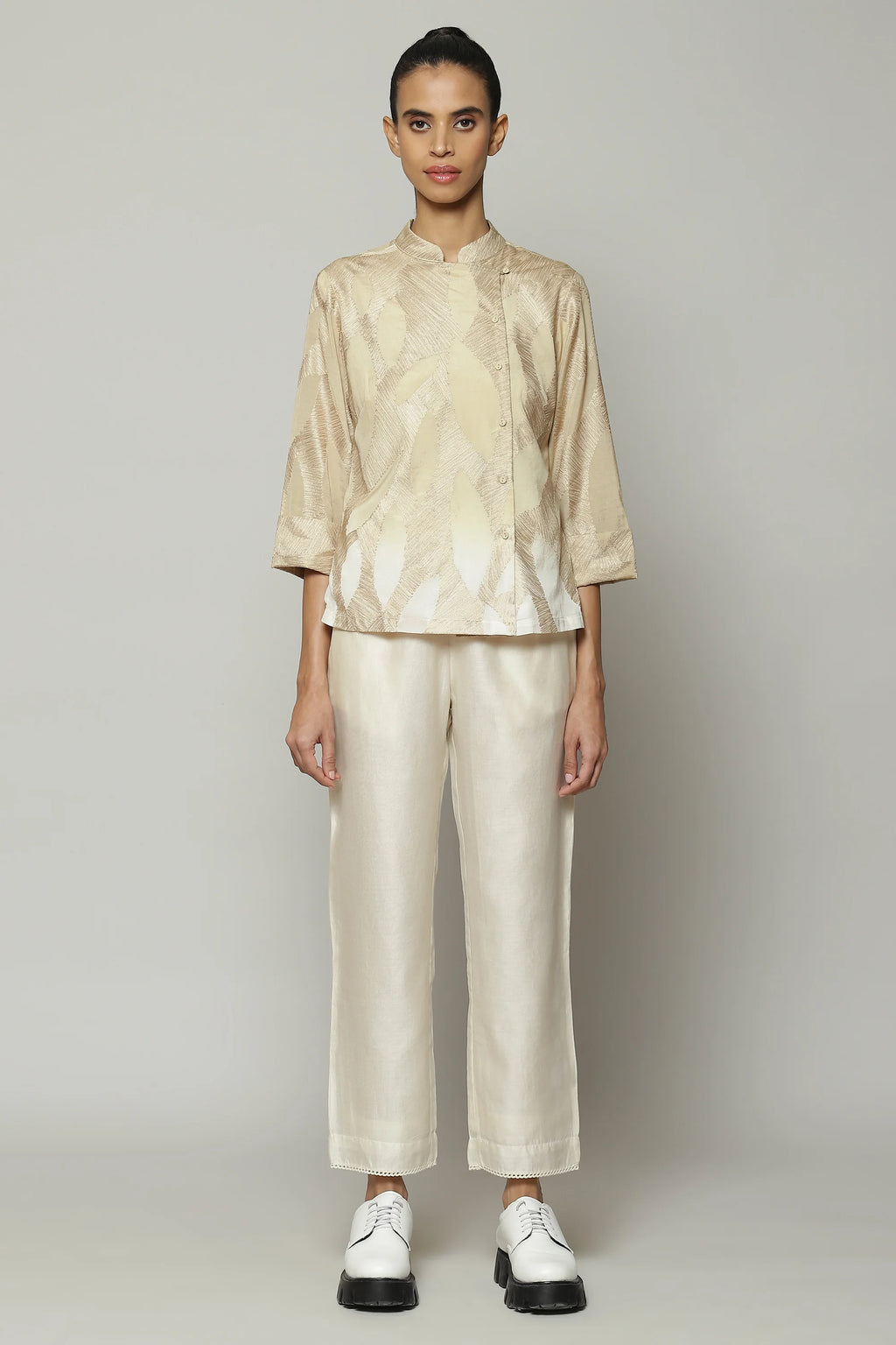 Ombre Crewel Embroidered Voile Shirt Parchment