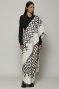 Lattice Printed Hand Woven Cotton Saree Black