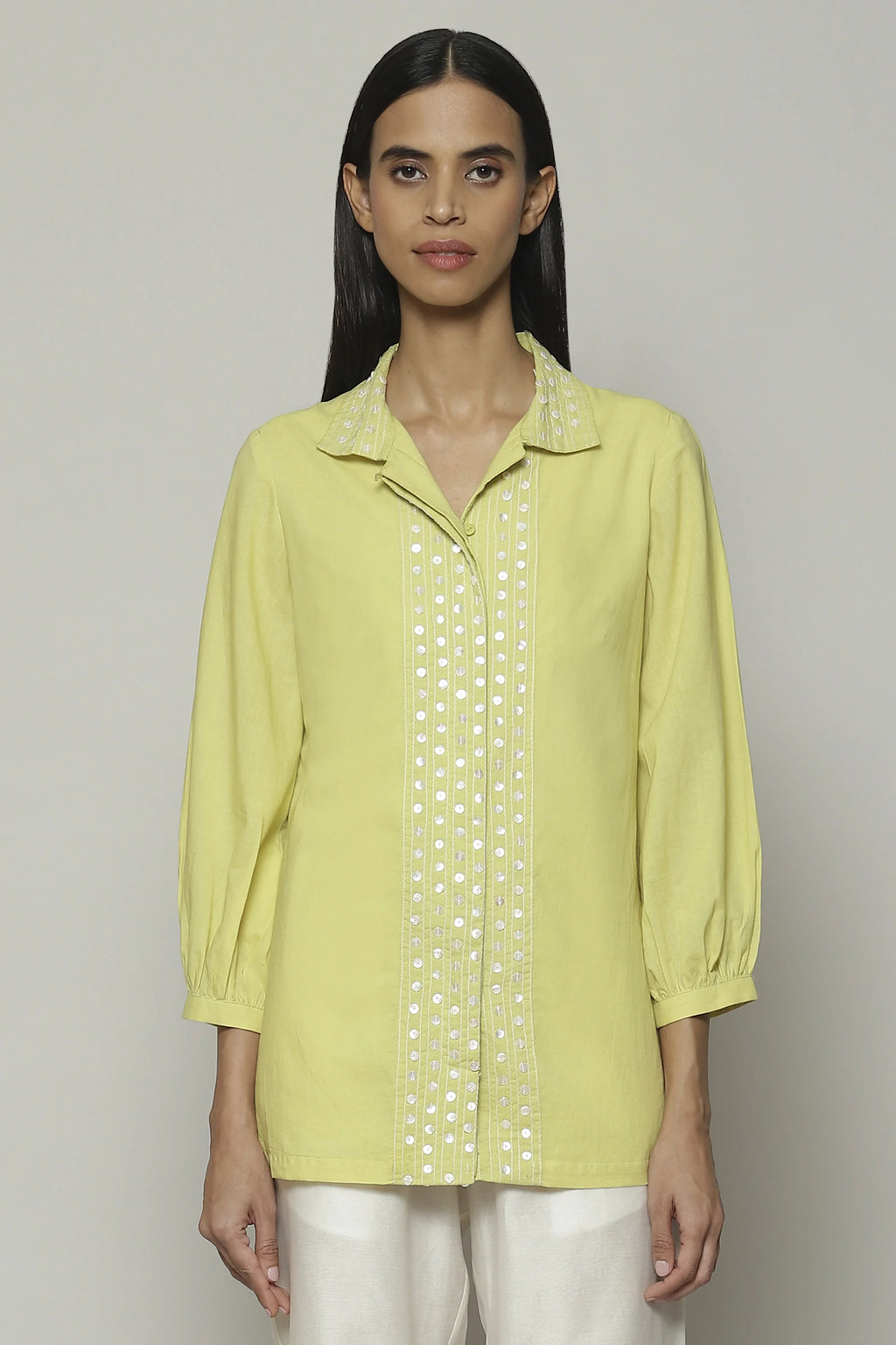 Mother Of Pearl Embroidered Cambric Shirt Lime