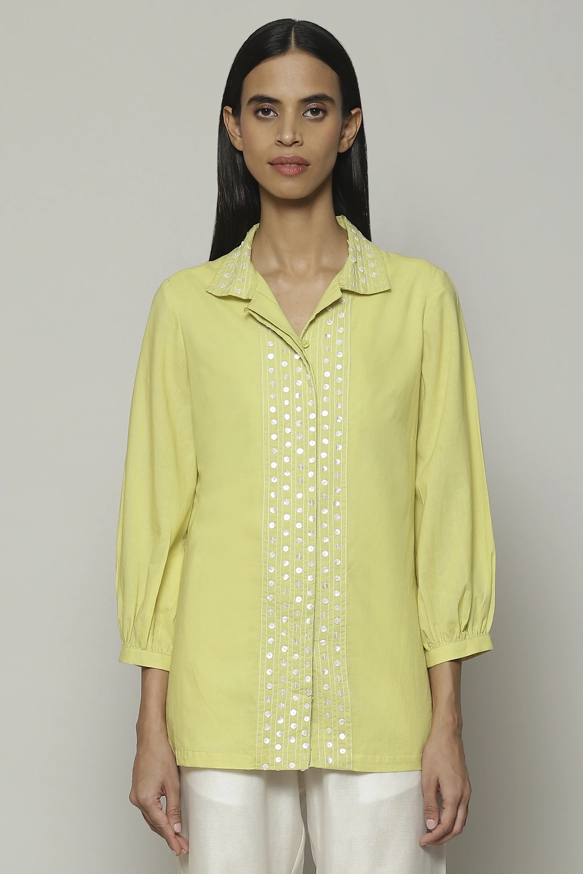 Mother Of Pearl Embroidered Cambric Shirt Lime