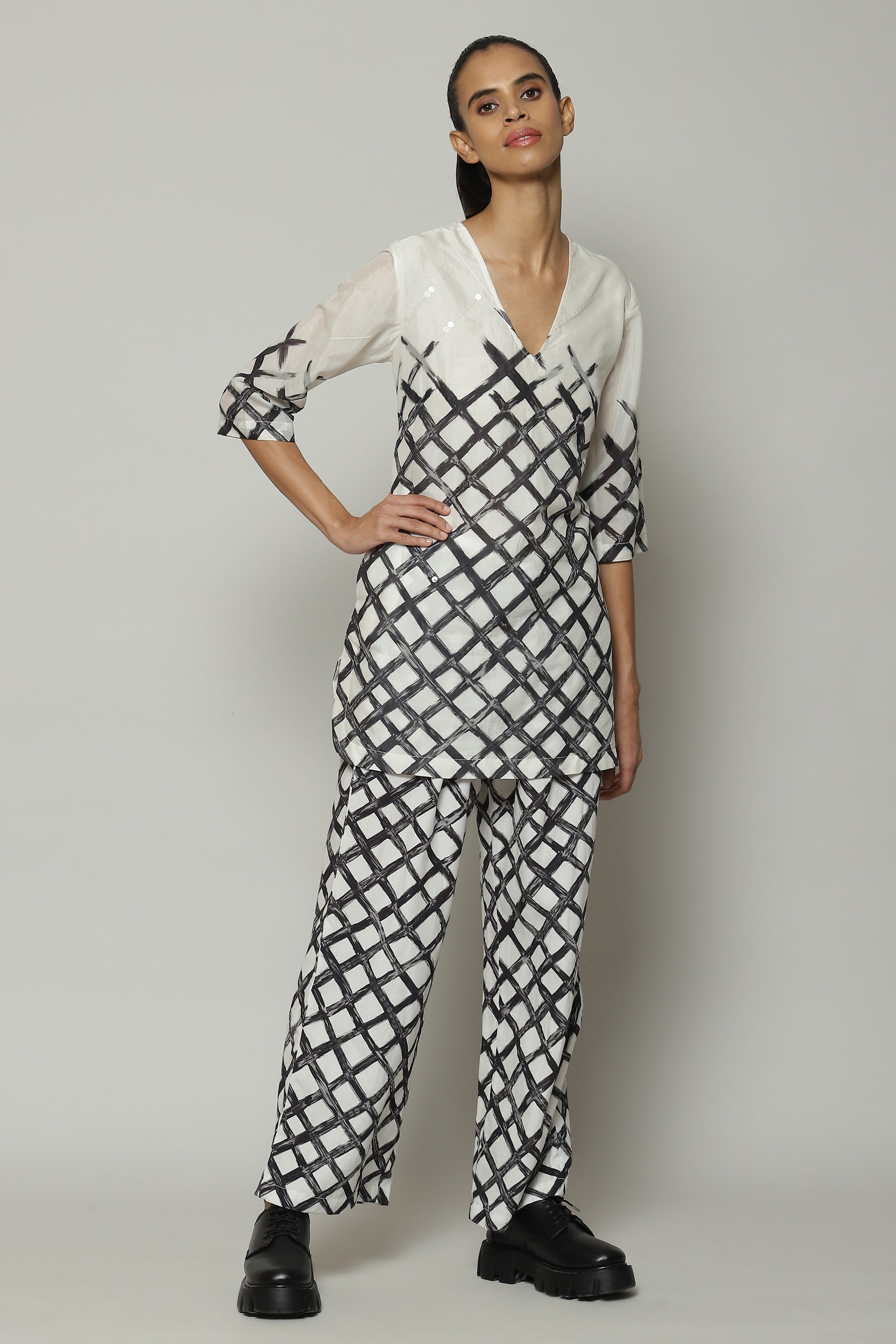 Lattice Printed Luxe Voile Tunic Ivory Black
