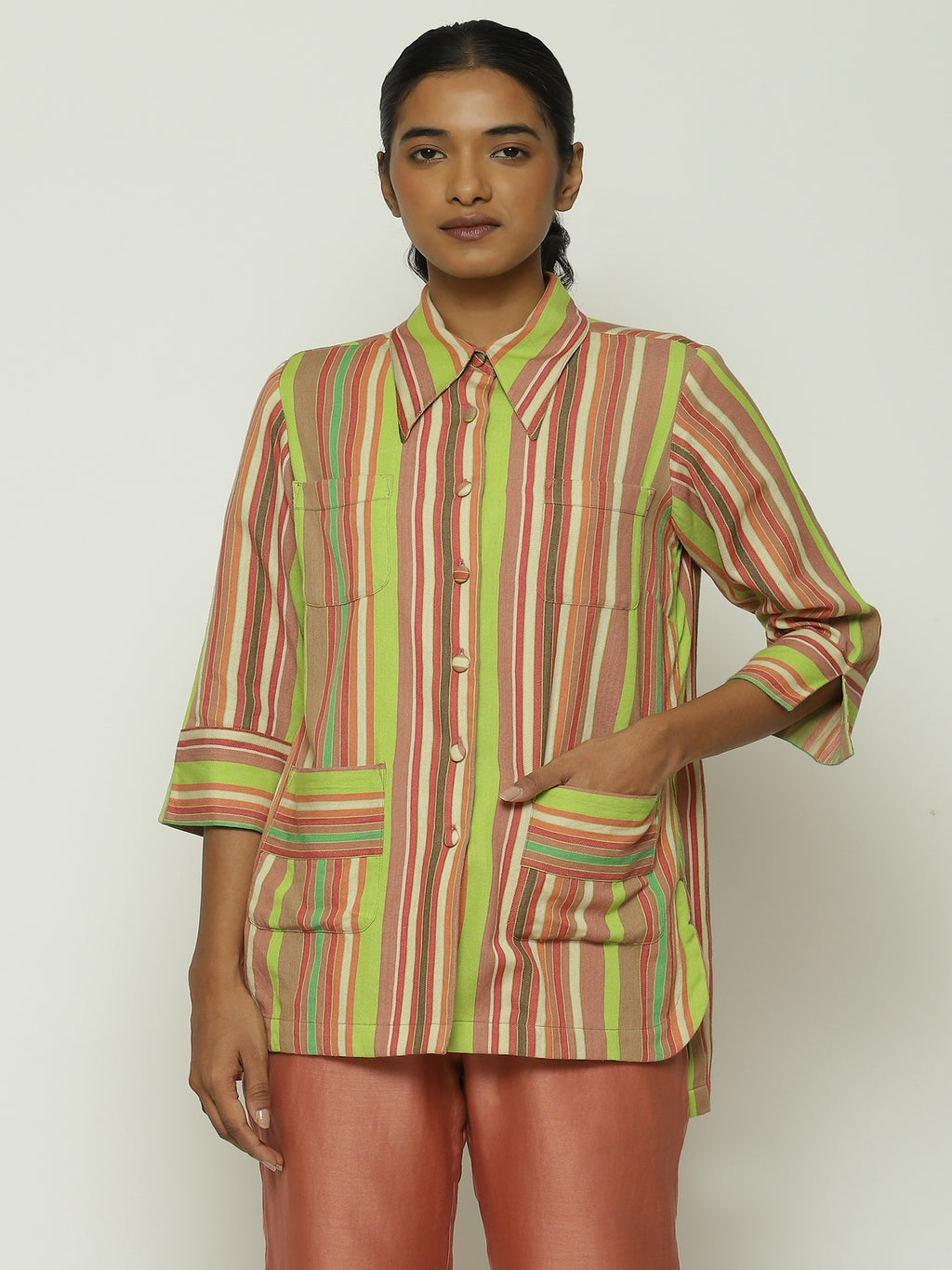 Green Multicolour Woven Stripes Shirt