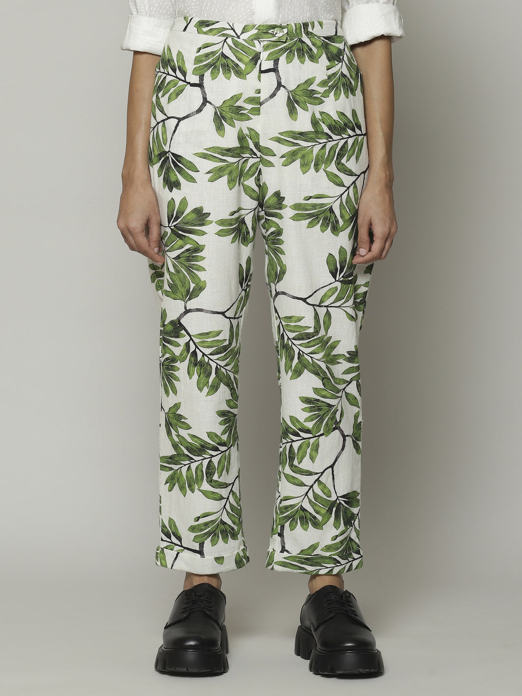 Leaf Print Handspun Handwoven Cotton Pant Ivory